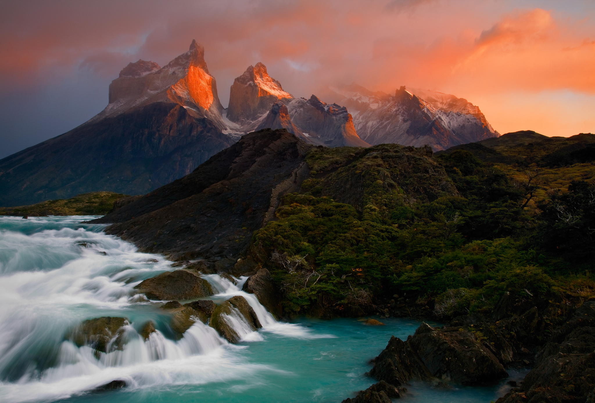 torres del paine, sunset, mountains, earth, andes, landscape, mountain, patagonia, waterfall