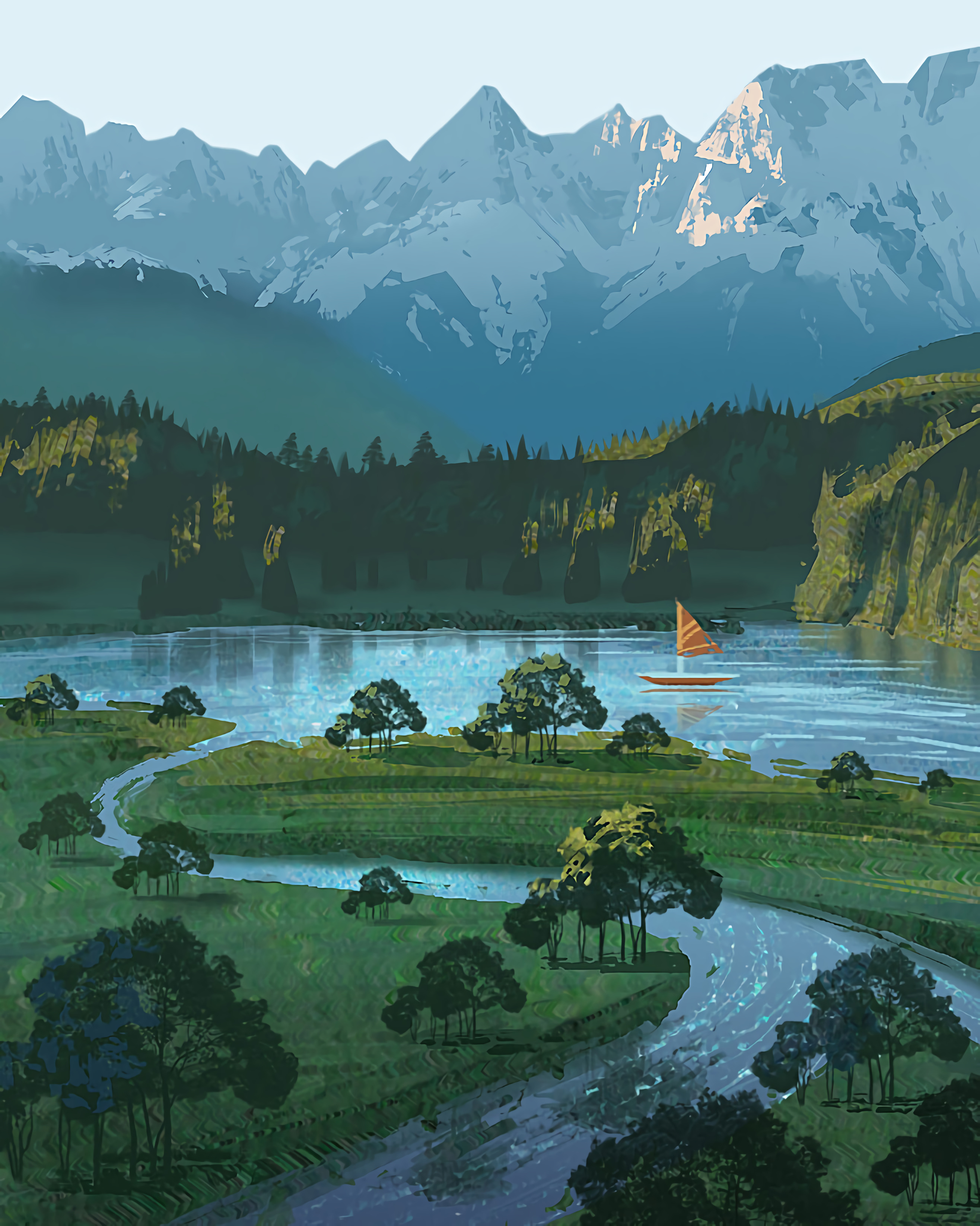 art, boat, nature, rivers, mountains HD wallpaper