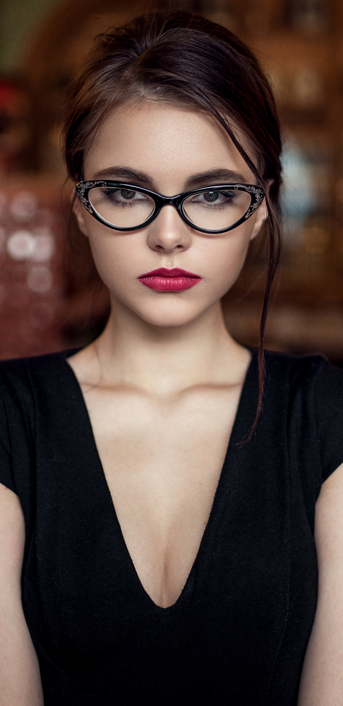 Download mobile wallpaper Glasses, Face, Model, Women, Black Hair, Lipstick, Oktyabrina Maximova for free.