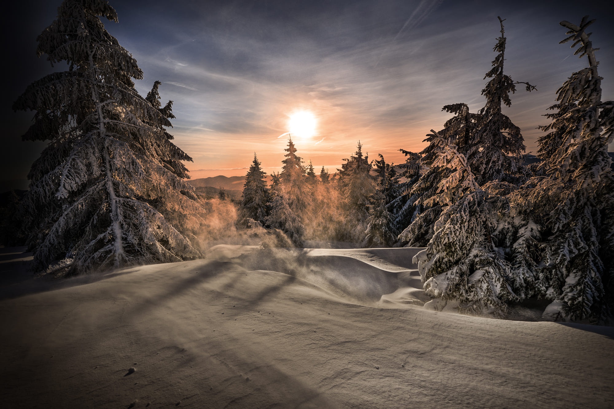 Free download wallpaper Winter, Nature, Sunset, Snow, Earth, Spruce on your PC desktop