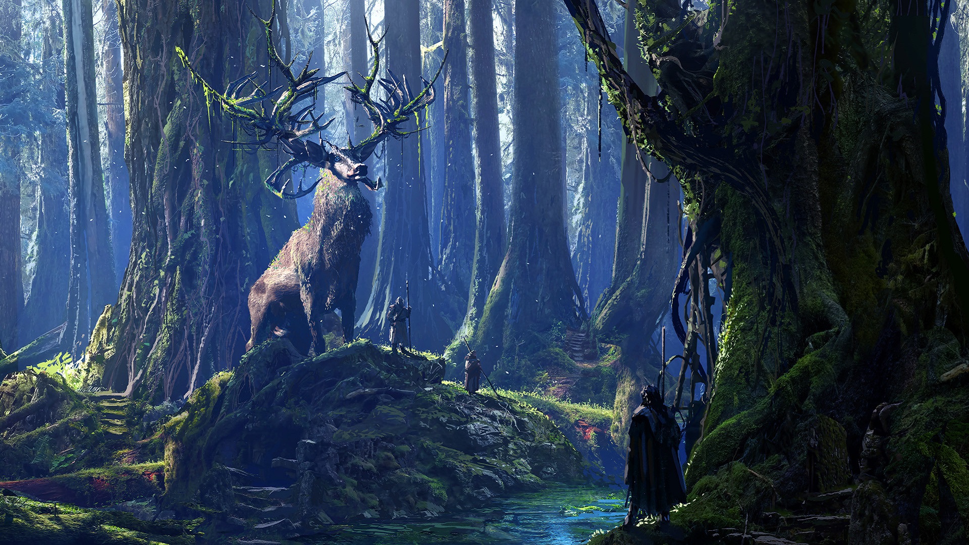druid, fantasy, forest, moss, river, stag