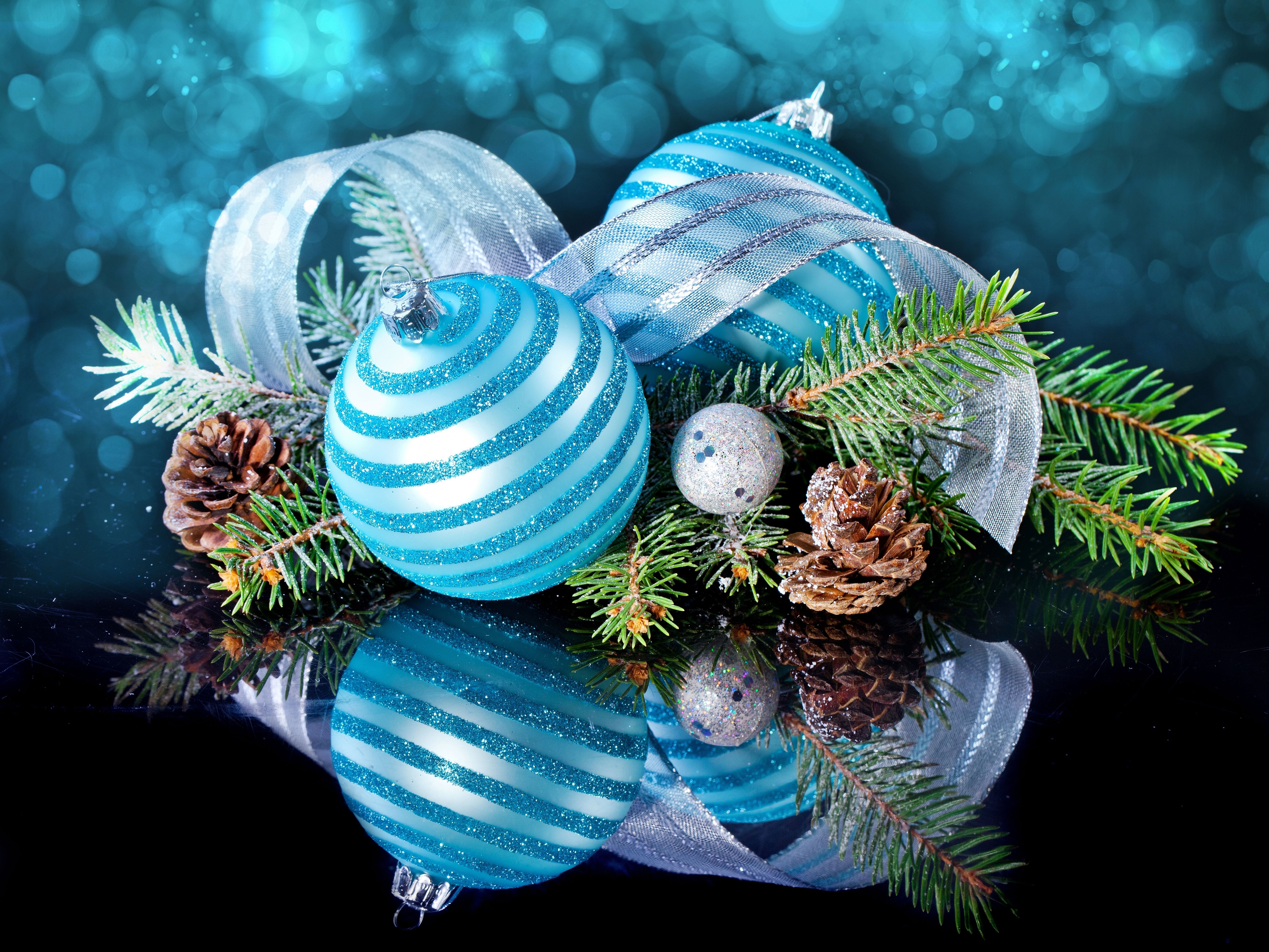 holiday, christmas, blue, christmas ornaments, pine cone, reflection, ribbon