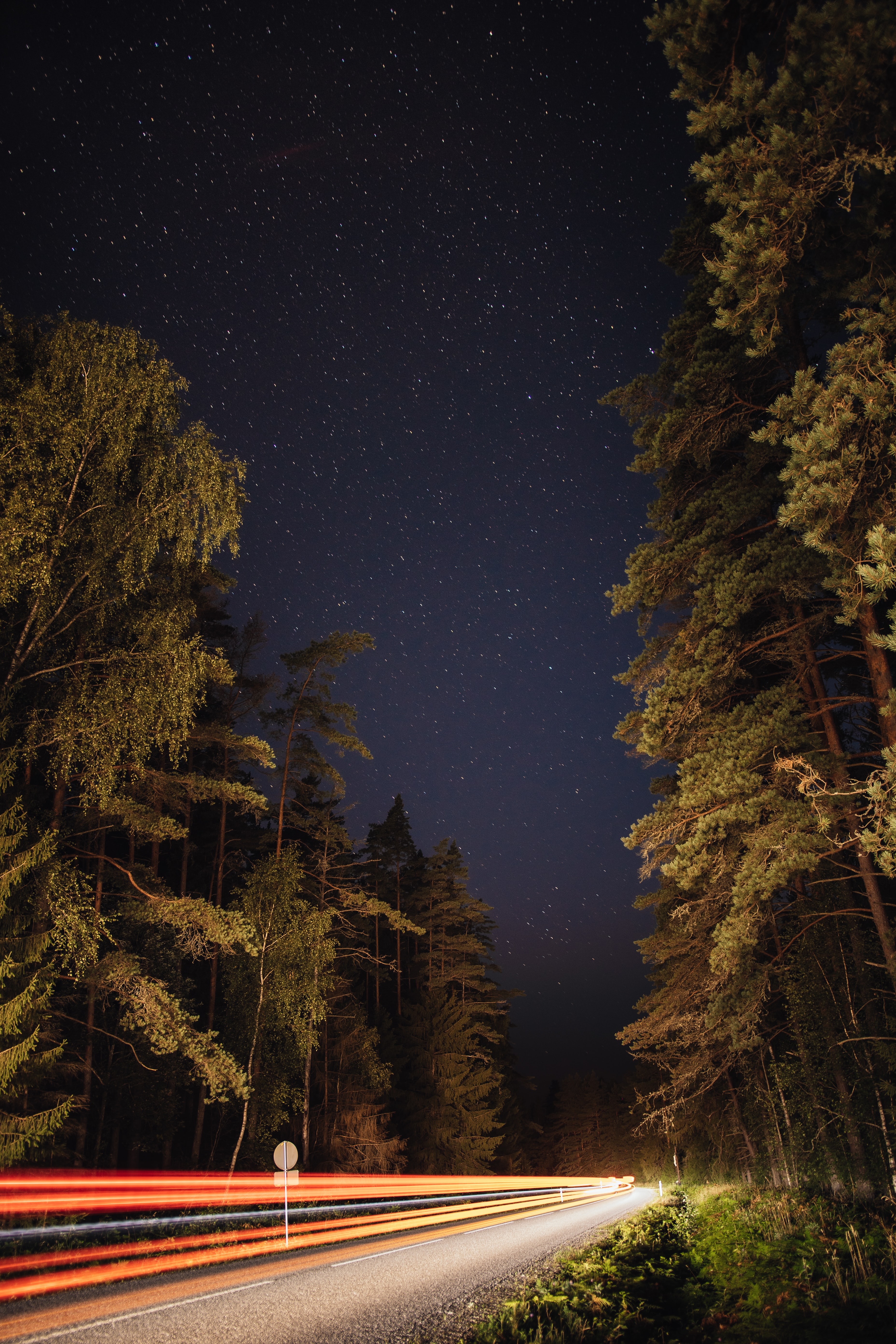 Free download wallpaper Nature, Stars, Trees, Night, Road, Lines, Glow on your PC desktop