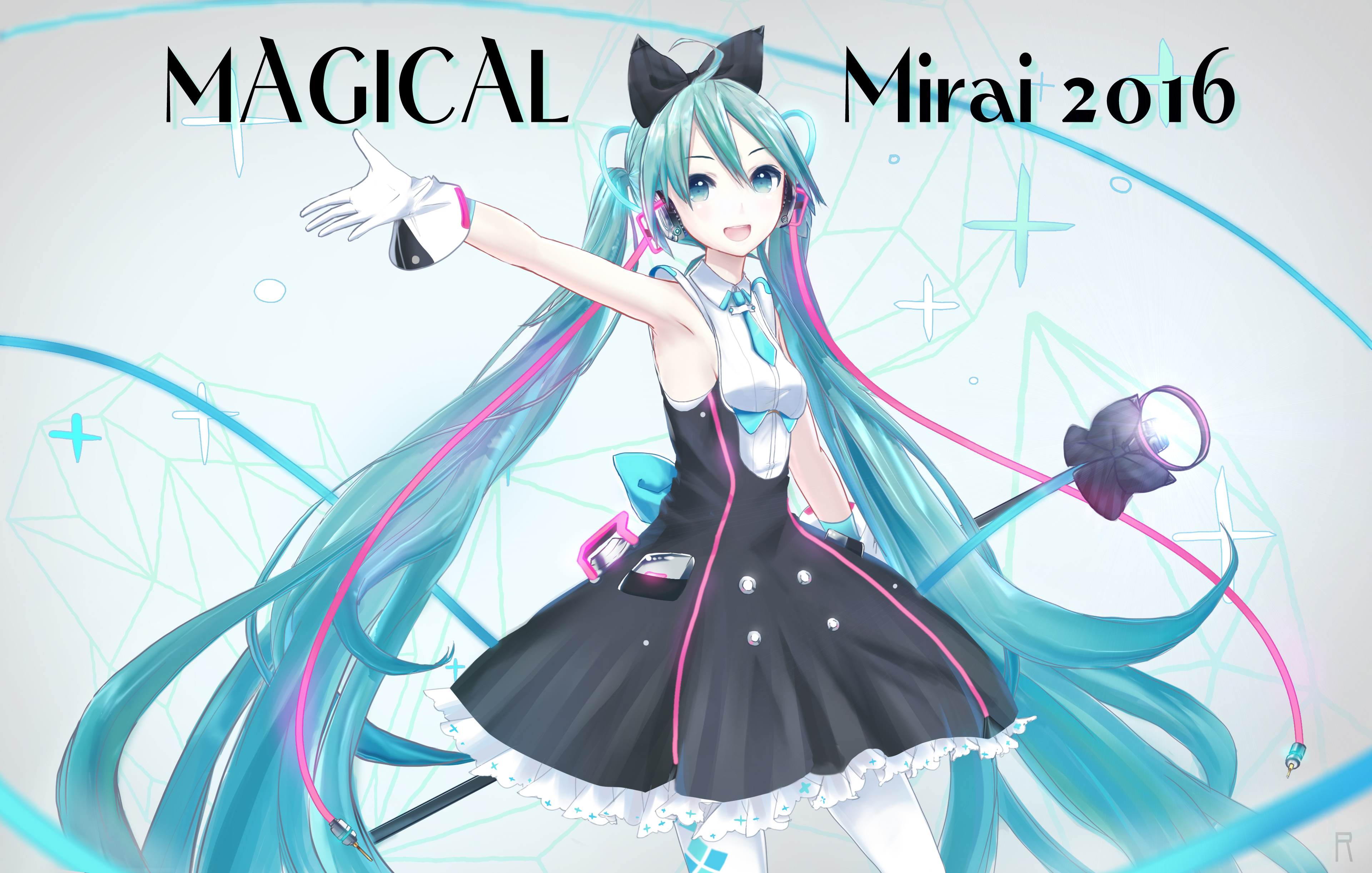 Free download wallpaper Anime, Headphones, Smile, Vocaloid, Glove, Skirt, Blue Eyes, Blue Hair, Hatsune Miku, Long Hair, Twintails, Bow (Clothing) on your PC desktop