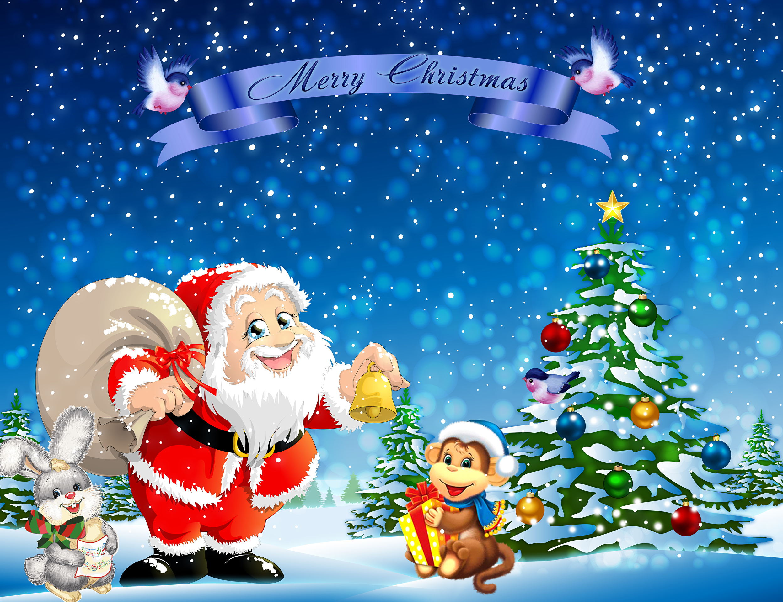 無料モバイル壁紙クリスマス, 猿, クリスマスツリー, サンタ, うさぎ, ホリデー, メリークリスマスをダウンロードします。