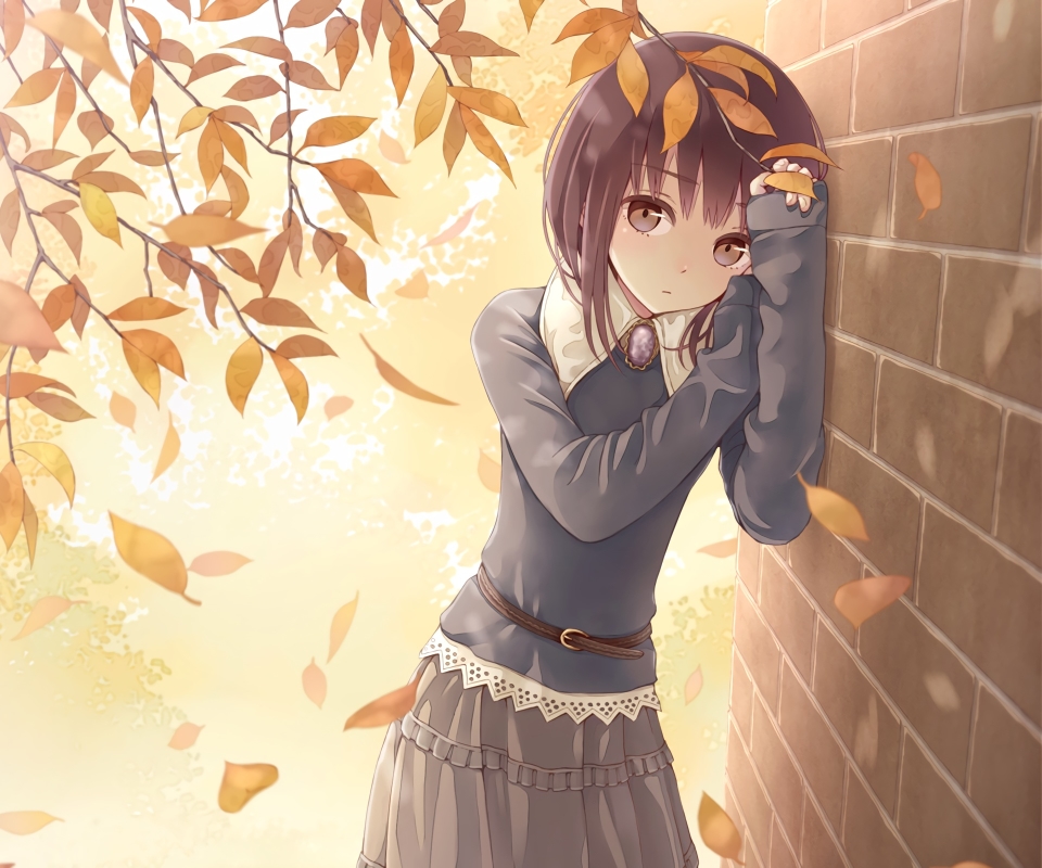 Download mobile wallpaper Anime, Leaf, Wall, Girl, Skirt, Short Hair for free.