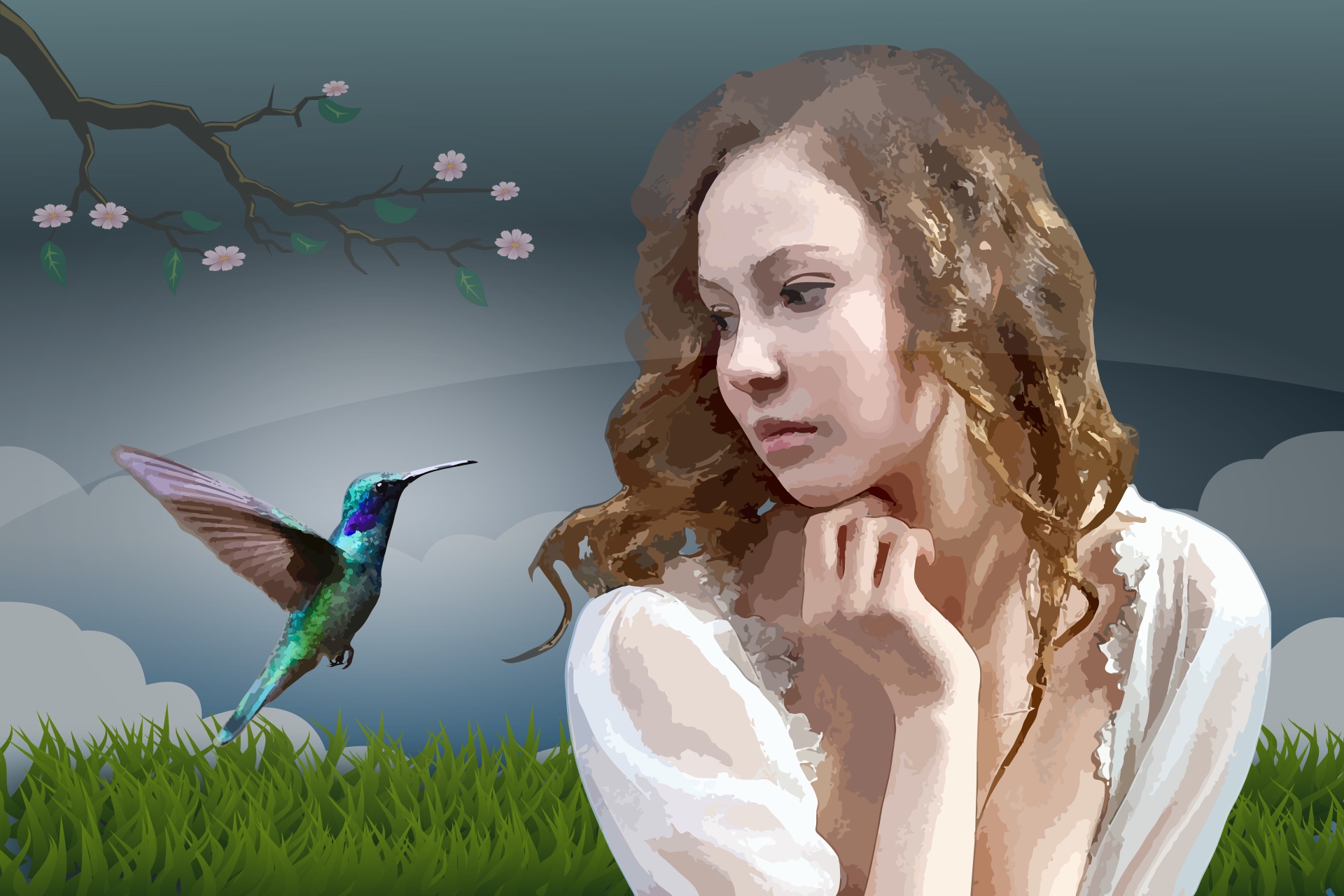 Free download wallpaper Artistic, Face, Women, Hummingbird on your PC desktop