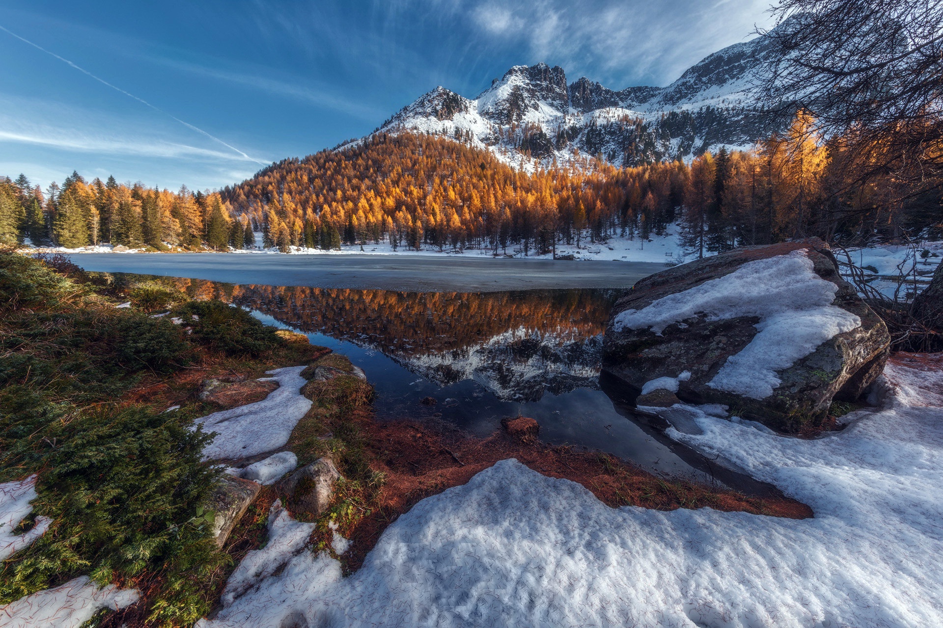 PCデスクトップに風景, 冬, 自然, 雪, 湖, 山, 地球画像を無料でダウンロード