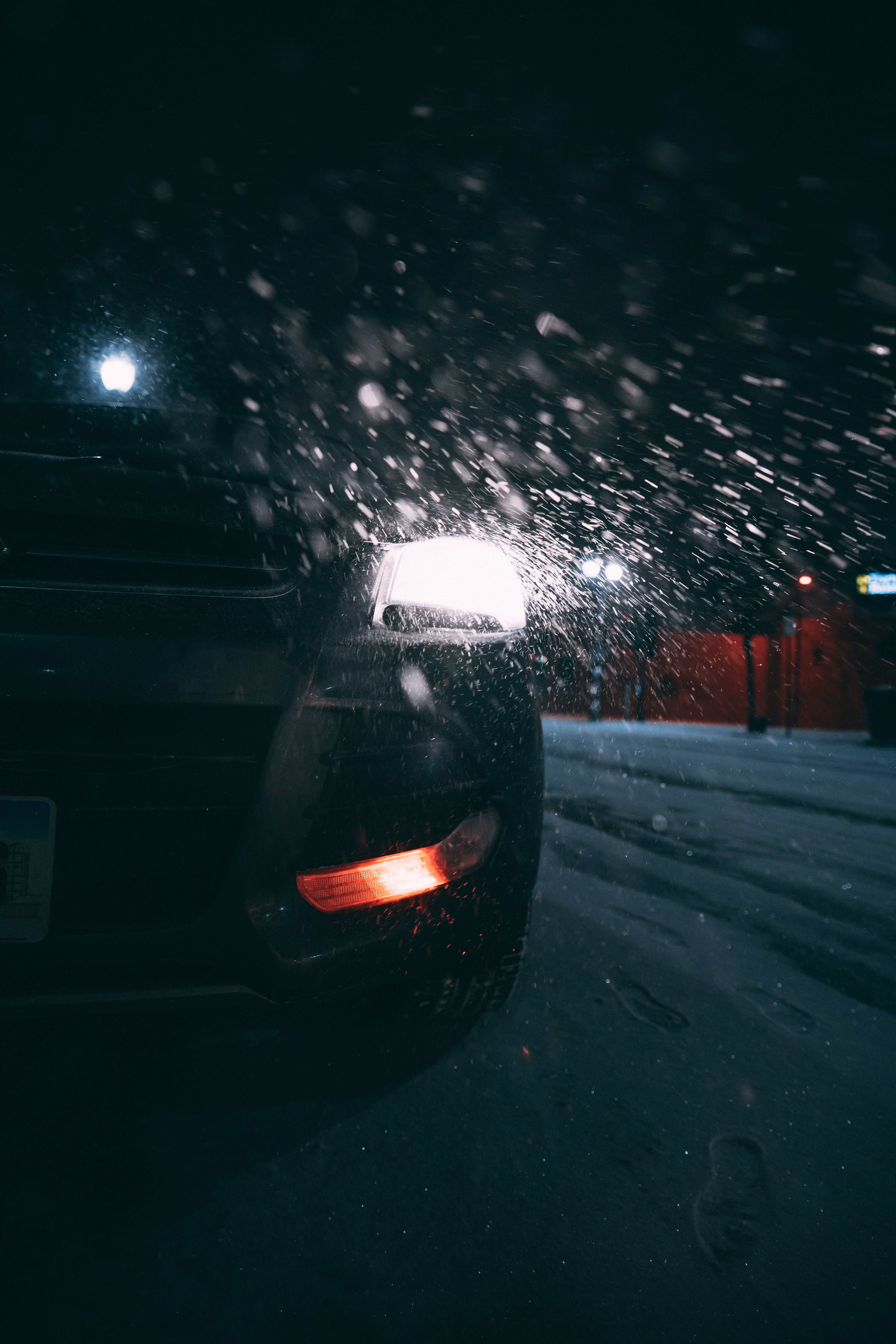 night, snow, cars, lights, car, back view, rear view, headlights Desktop Wallpaper