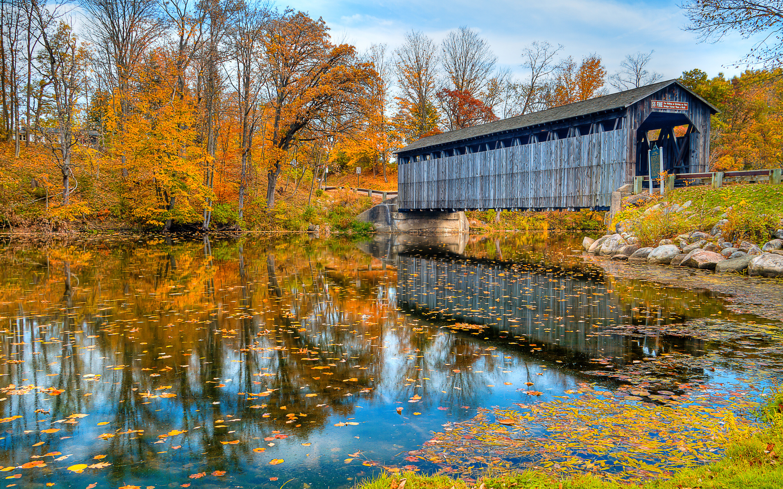 reflection, man made, covered bridge, bridge, fall, leaf, bridges