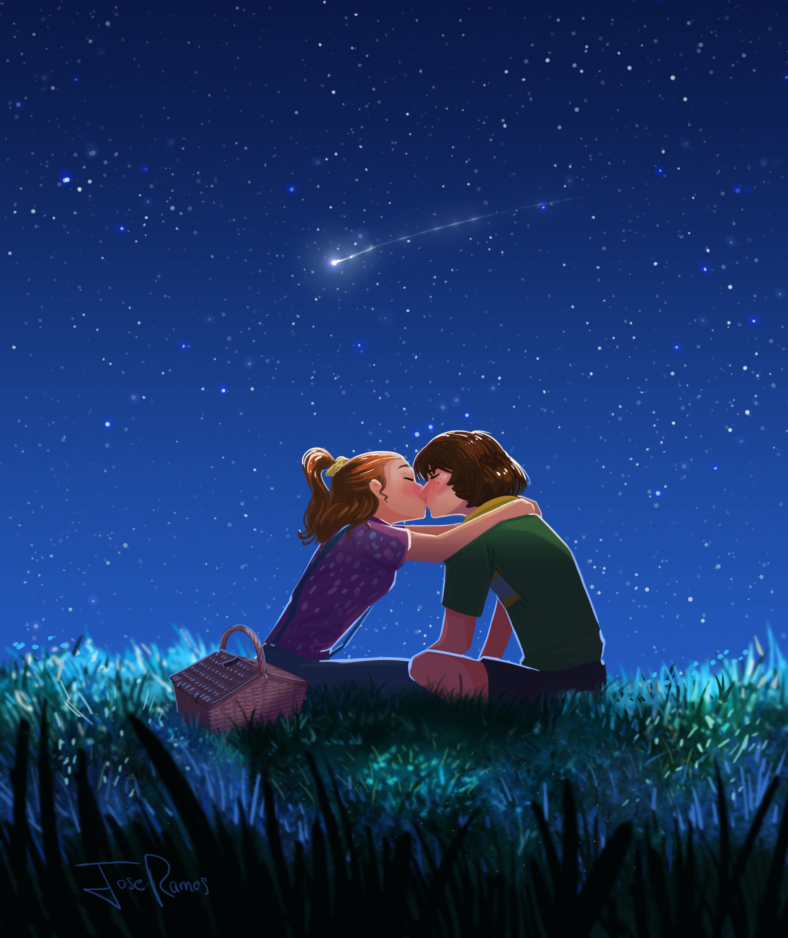 romance, art, couple, pair, kiss, love, starry sky