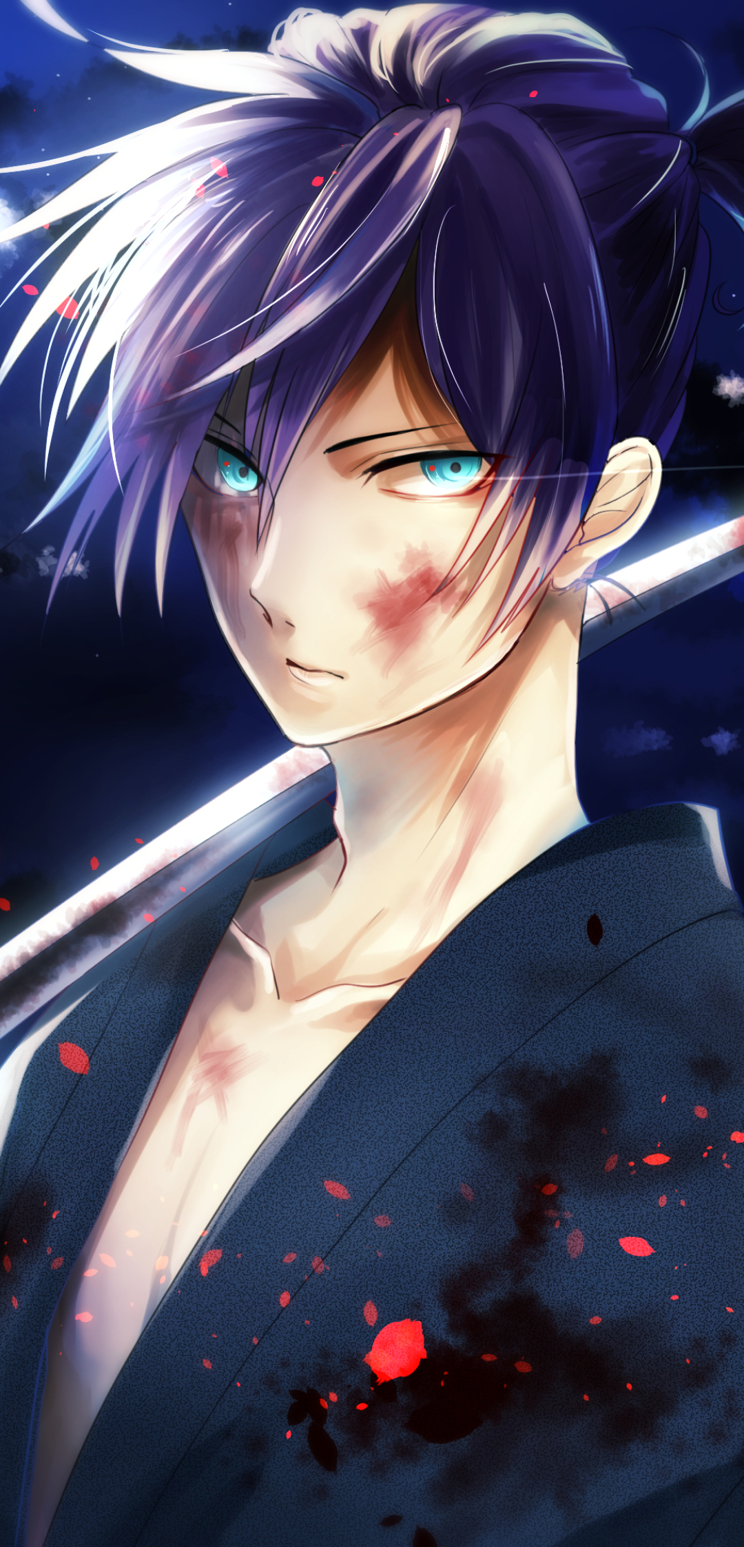 Download mobile wallpaper Anime, Blood, Blue Eyes, Purple Hair, Noragami, Yato (Noragami) for free.