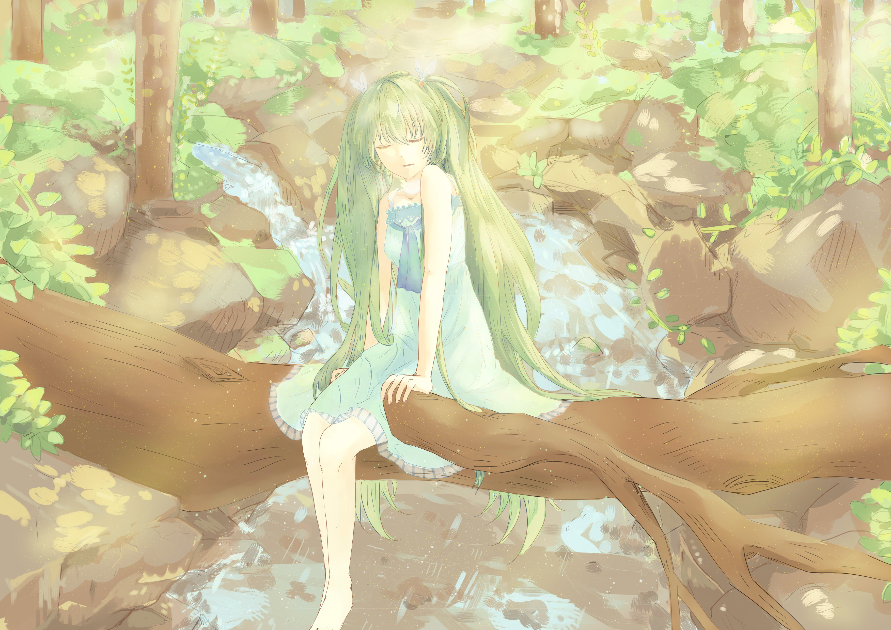 Download mobile wallpaper Anime, Waterfall, Vocaloid, Green Hair, Hatsune Miku, Long Hair, Twintails for free.