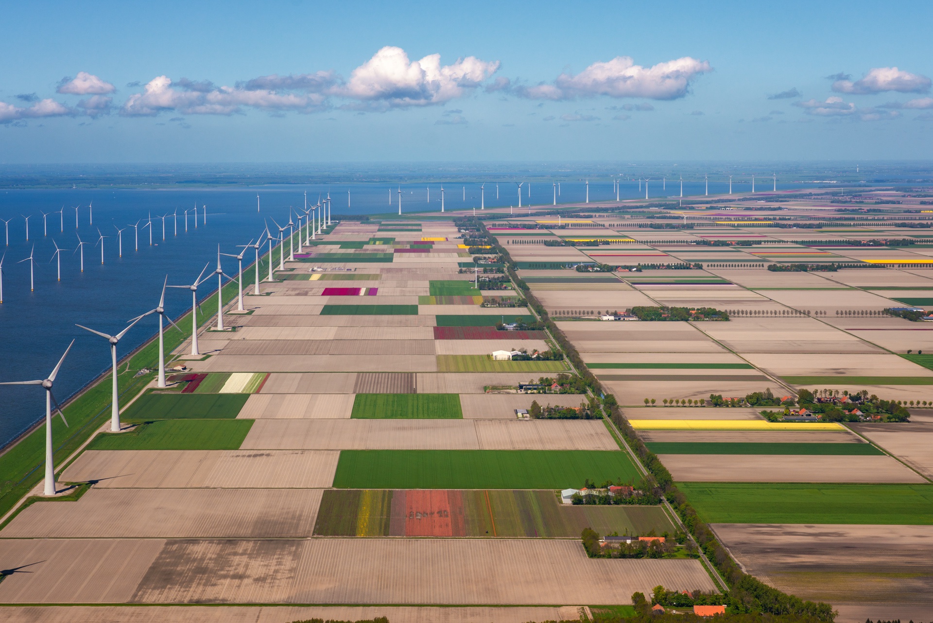 Download mobile wallpaper Horizon, Field, Aerial, Wind Turbine, Man Made for free.