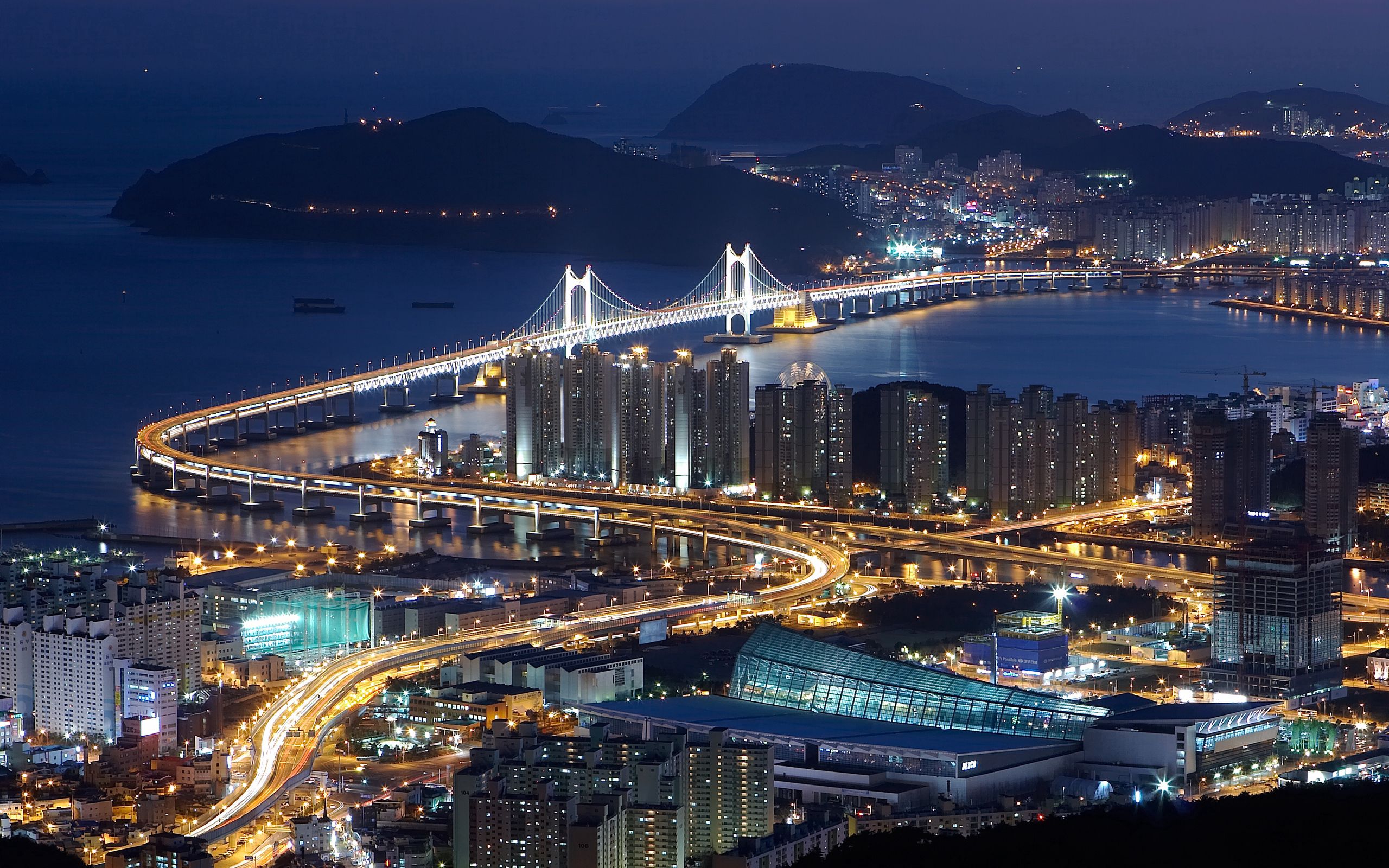 68126 скачать обои мост, южная корея, пусан, города, ночь, вид сверху, hdr - заставки и картинки бесплатно