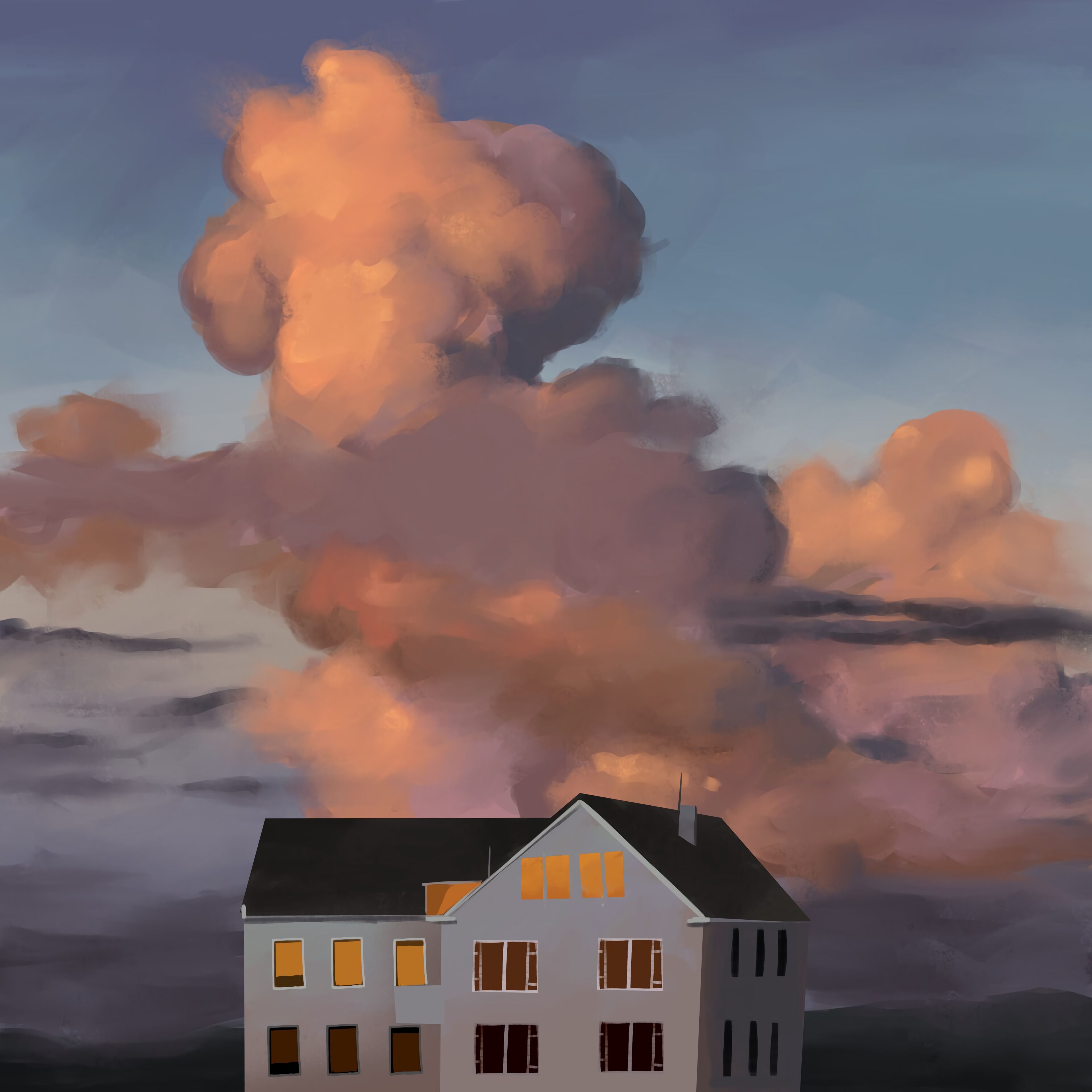 Free download wallpaper Clouds, Building, Painting, House, Art on your PC desktop