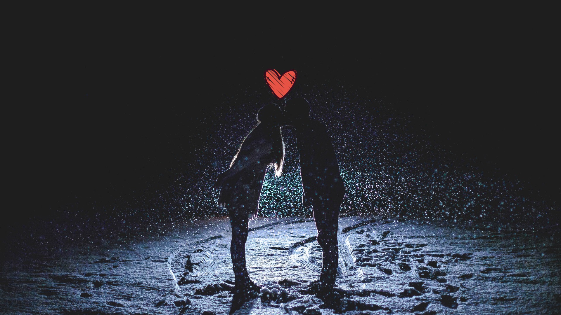 Download mobile wallpaper Winter, Night, Snow, Love, Couple, Artistic, Kiss for free.