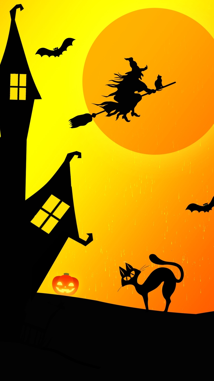 Download mobile wallpaper Halloween, Cat, Holiday, House, Witch for free.