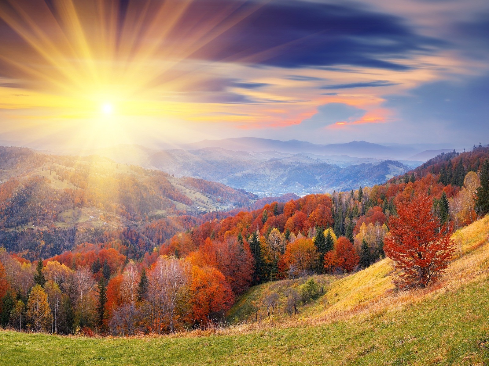 Free download wallpaper Landscape, Nature, Grass, Sky, Sun, Mountain, Forest, Earth, Sunbeam on your PC desktop