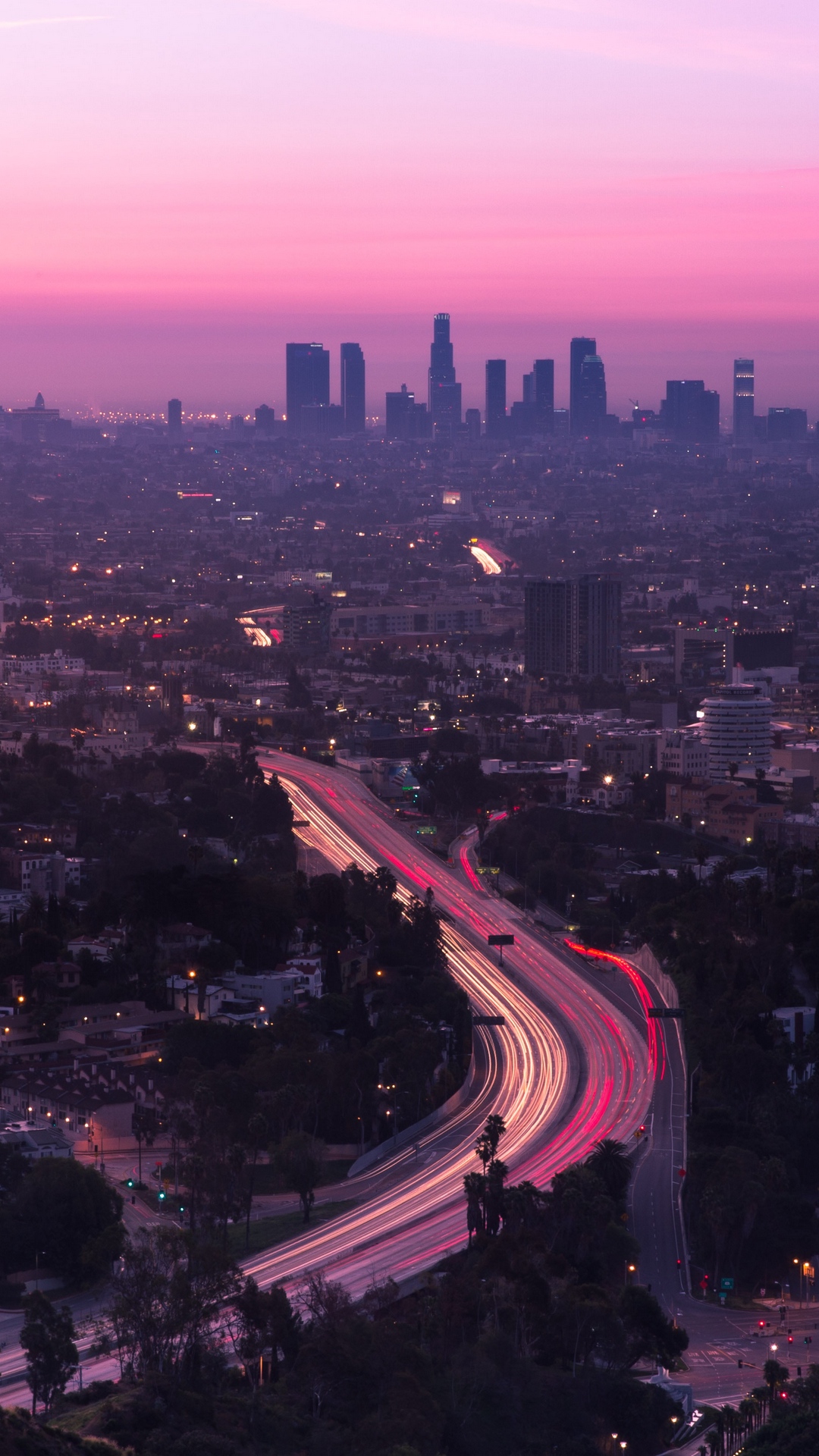 Download mobile wallpaper Cities, Sunset, City, Road, United States, Los Angeles, Aerial, Man Made, Time Lapse for free.