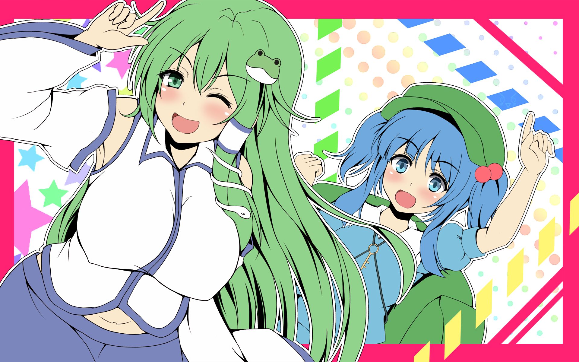 Download mobile wallpaper Anime, Touhou, Sanae Kochiya, Nitori Kawashiro for free.