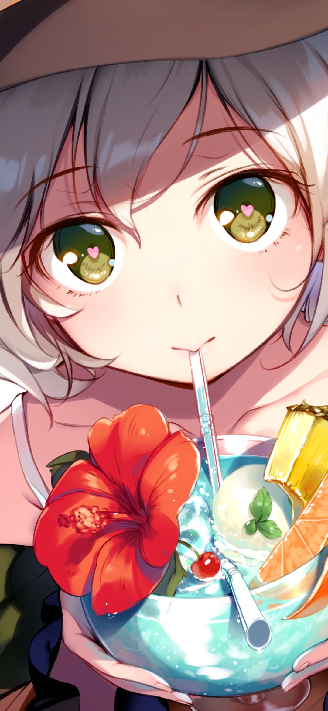 Download mobile wallpaper Anime, Drink, Green Eyes, Touhou, Short Hair, White Hair, Koishi Komeiji for free.