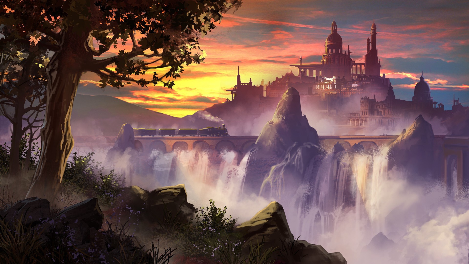 Download mobile wallpaper Fantasy, City, Waterfall, Train for free.