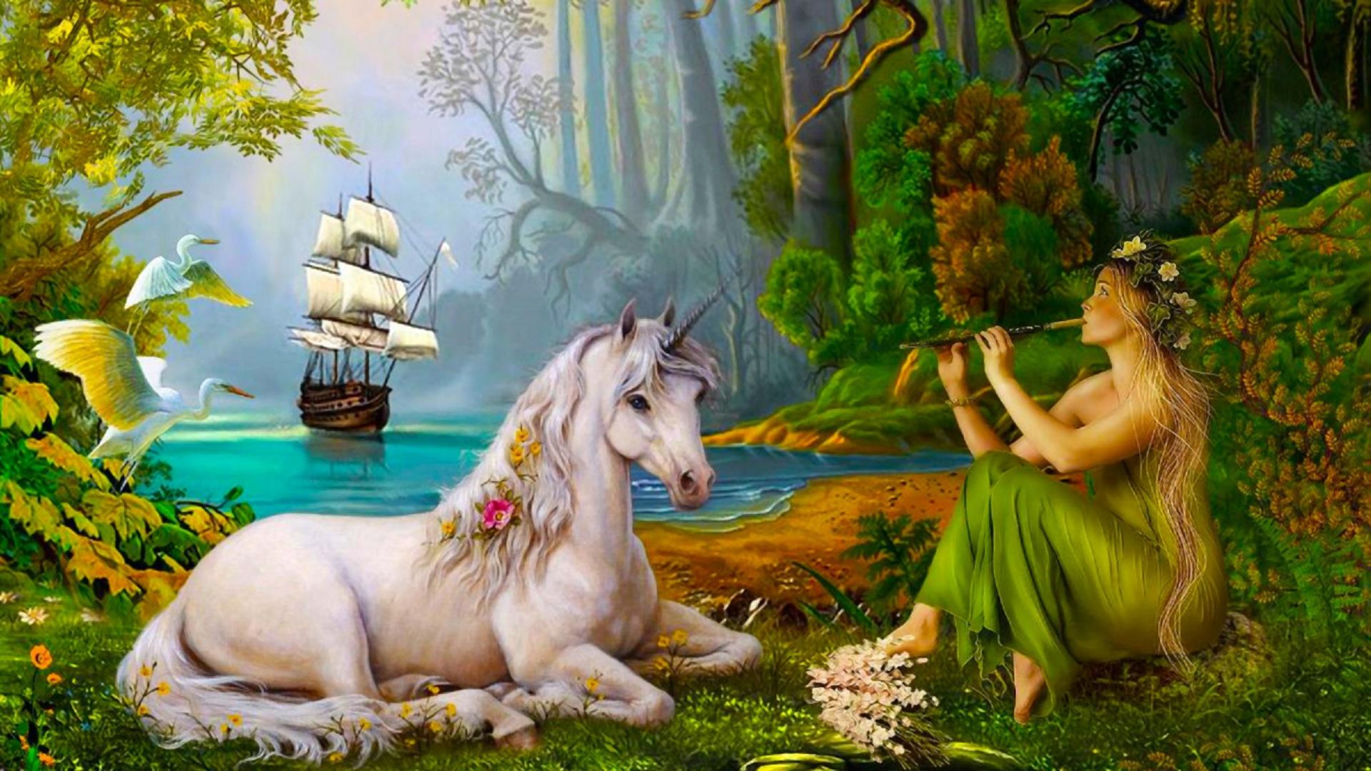 378562 descargar imagen fantasía, unicornio, ave, barco, flauta, bosque, velero, animales de fantasía: fondos de pantalla y protectores de pantalla gratis