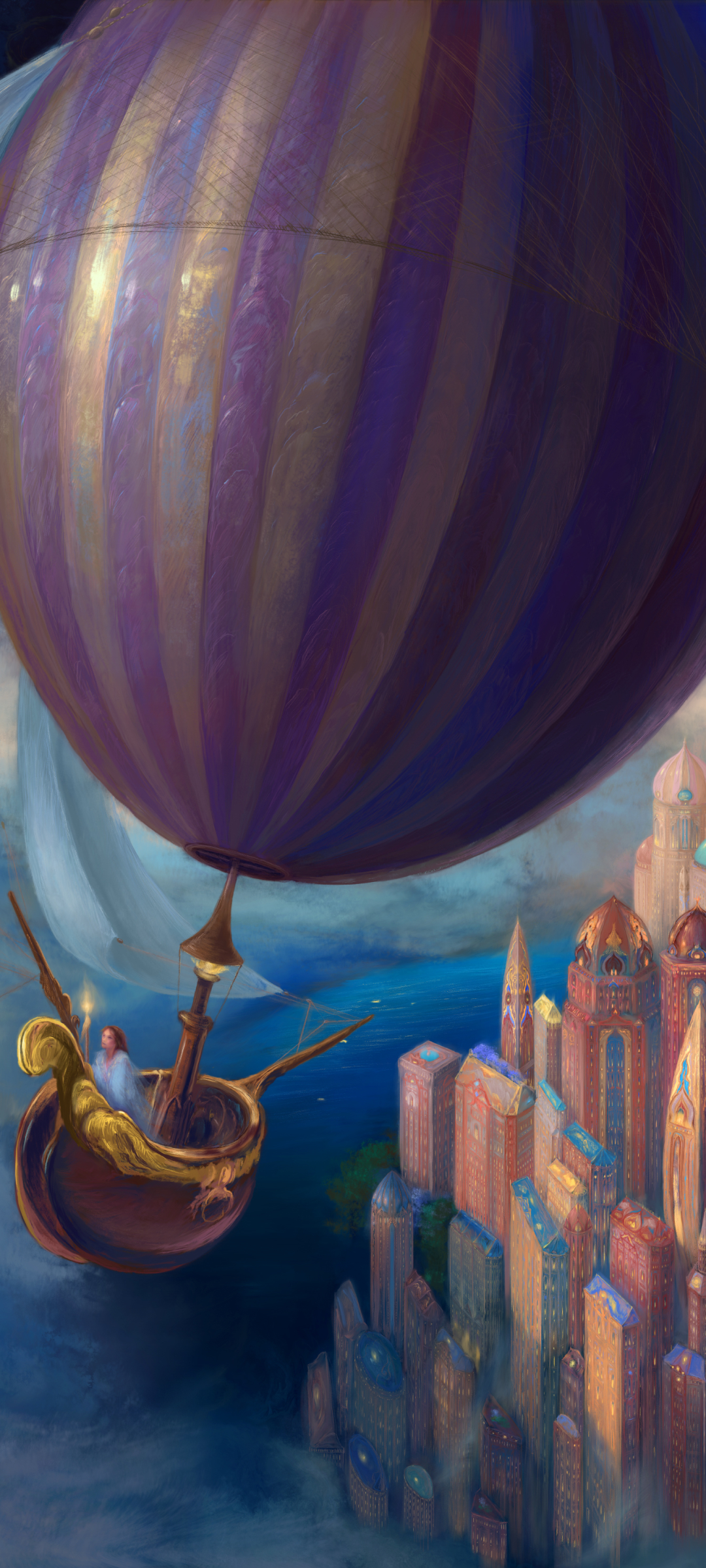 Download mobile wallpaper Fantasy, City, Building, Dome, Hot Air Balloon for free.