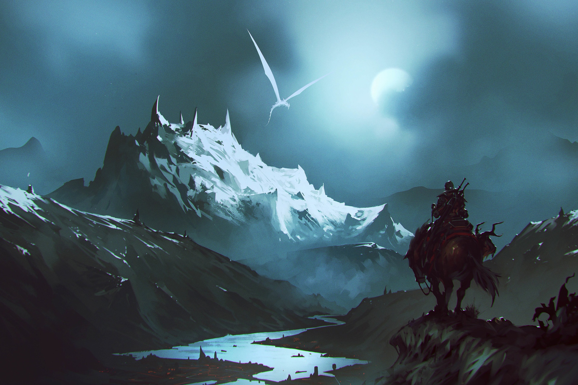 Download mobile wallpaper Landscape, Fantasy, Mountain, Dragon, Warrior, Horse for free.