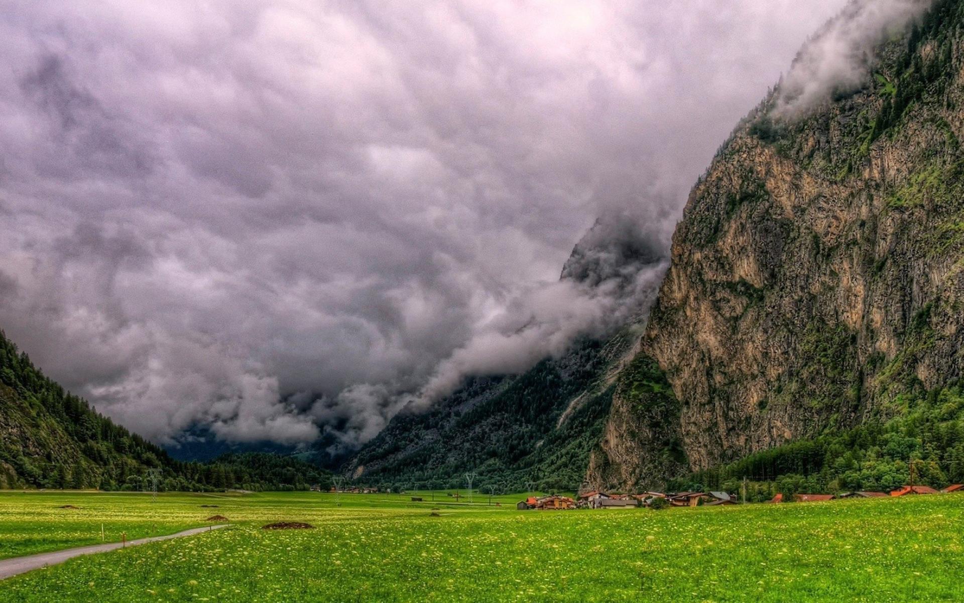 Download mobile wallpaper Mountain, Village, Valley, Cloud, Man Made for free.