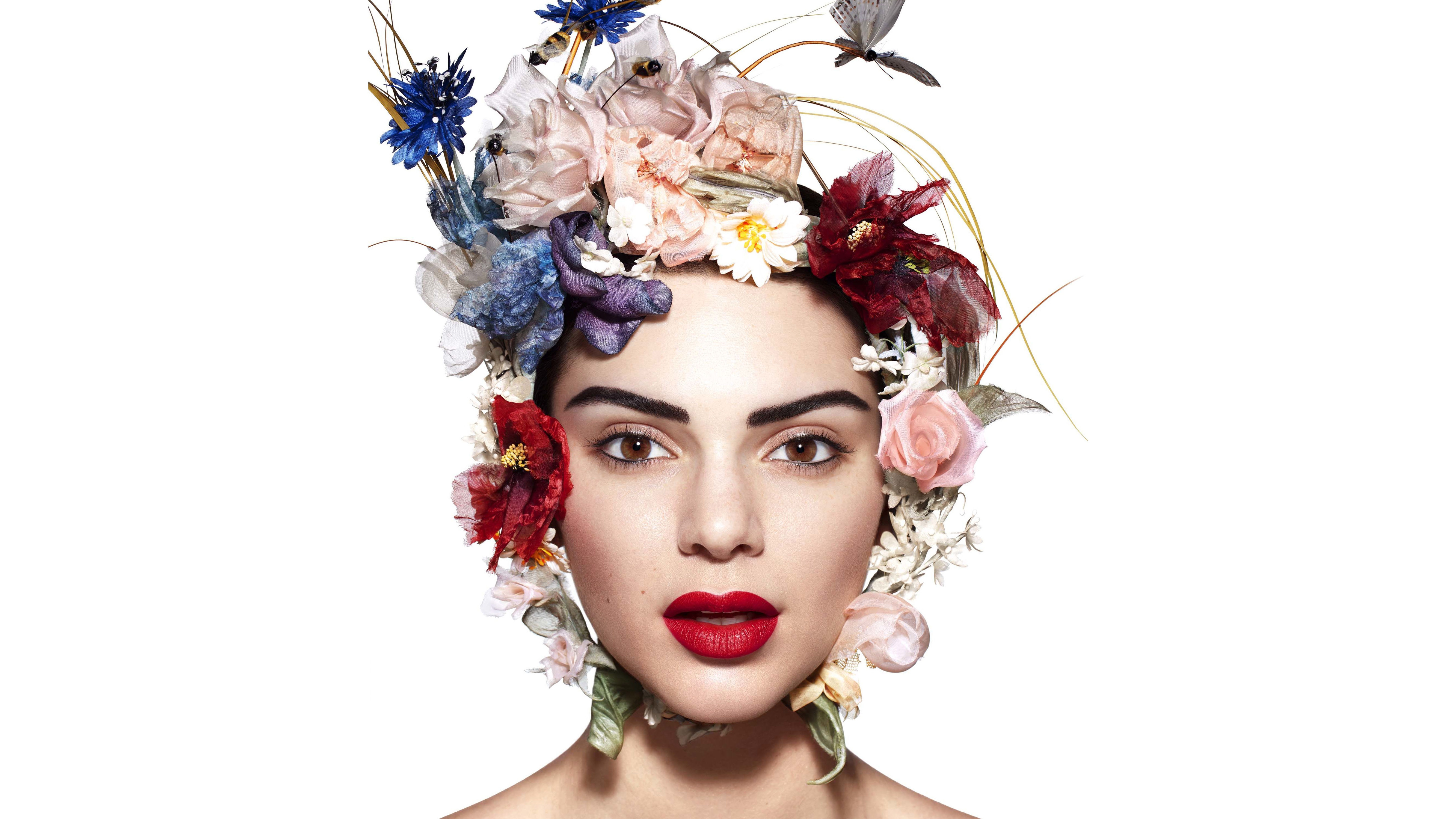 Laden Sie das Blume, Gesicht, Kranz, Modell, Amerikanisch, Braune Augen, Berühmtheiten, Lippenstift, Kendall Jenner-Bild kostenlos auf Ihren PC-Desktop herunter