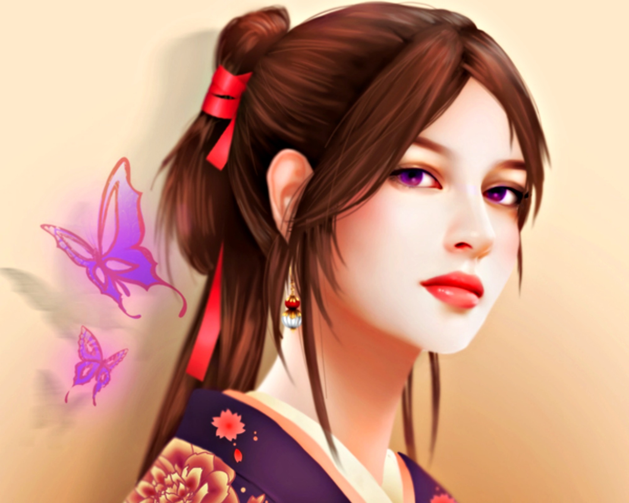 Laden Sie das Schmetterlinge, Fantasie, Orientalisch, Frauen, Geisha, Lila Augen-Bild kostenlos auf Ihren PC-Desktop herunter
