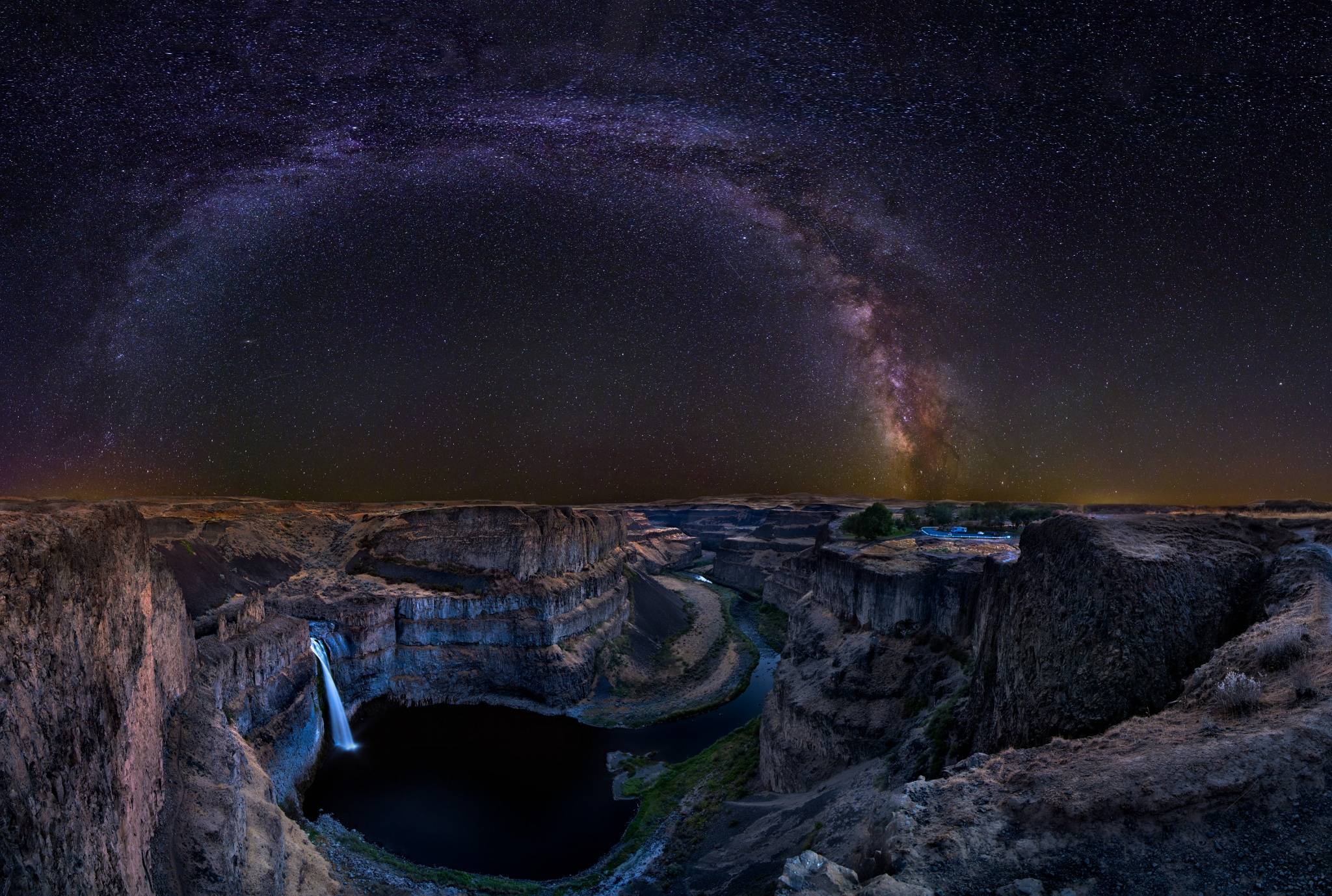 Free download wallpaper Landscape, Stars, Night, Canyon, Waterfall, Earth, Milky Way on your PC desktop