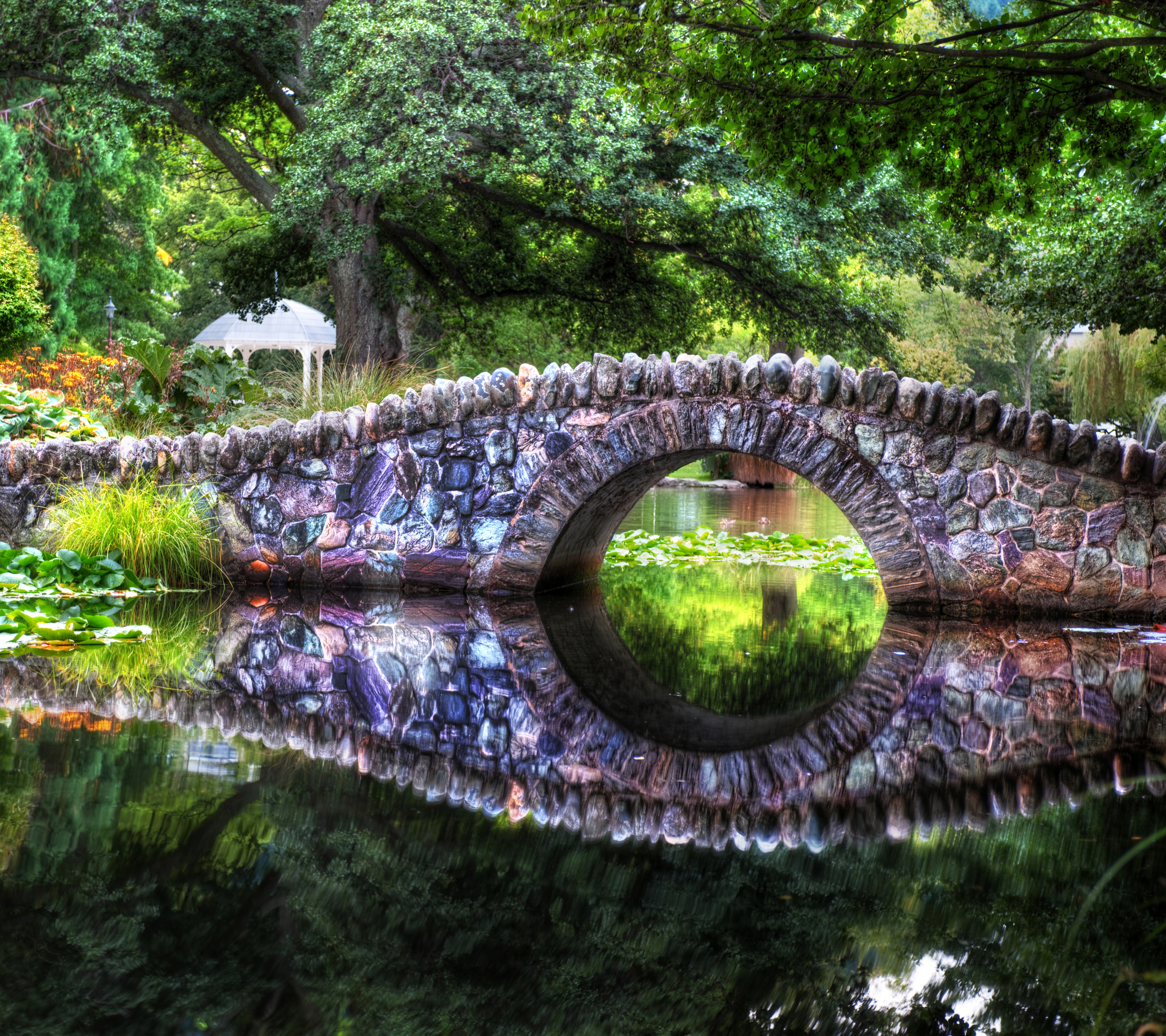 Download mobile wallpaper Bridges, Reflection, Bridge, Stone, Pond, River, Man Made for free.