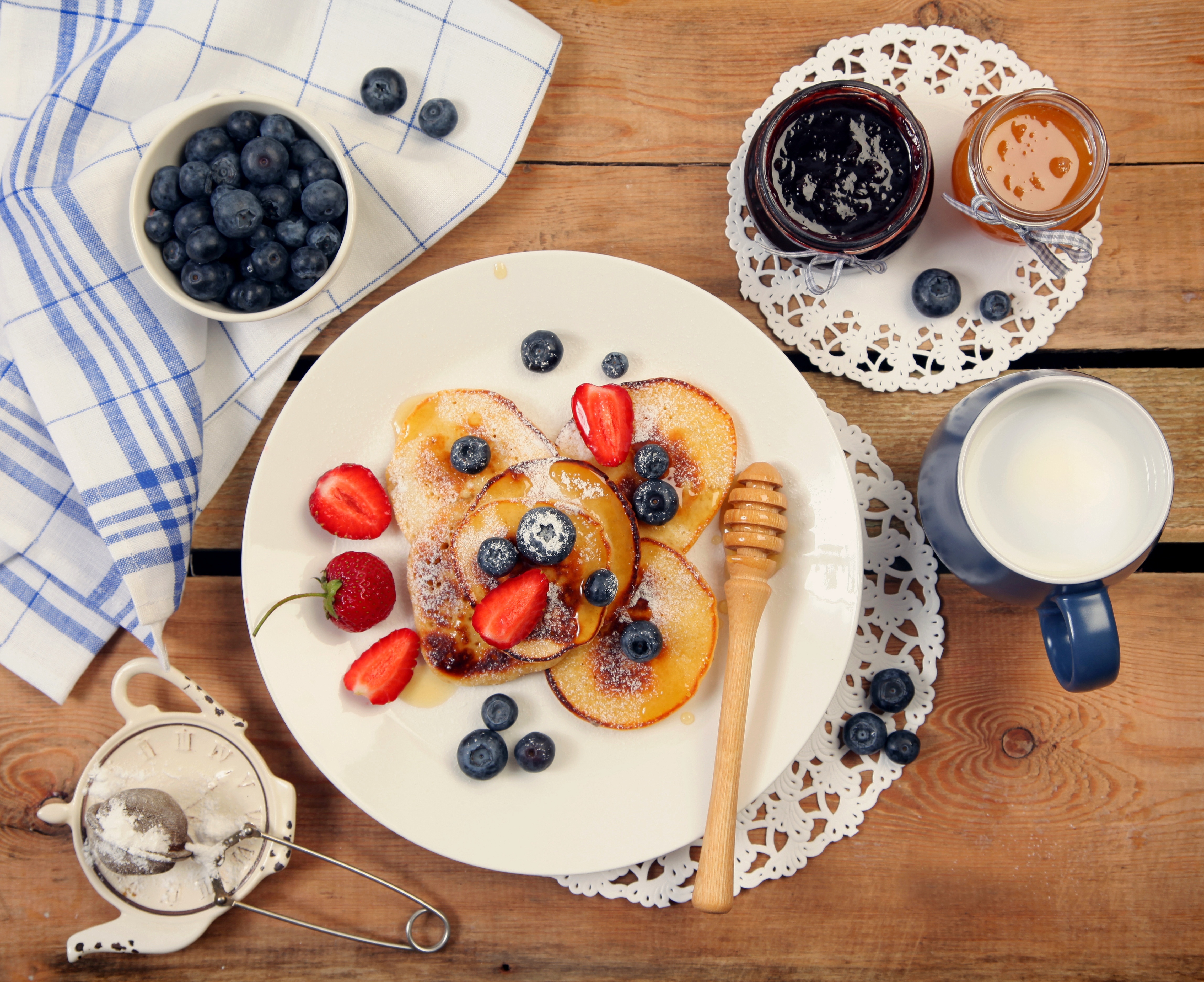 Download mobile wallpaper Food, Strawberry, Blueberry, Jam, Breakfast, Milk, Pancake for free.