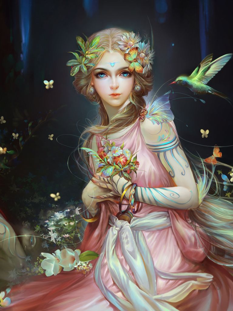 Download mobile wallpaper Fantasy, Bird, Colorful, Blonde, Fairy, Blue Eyes for free.