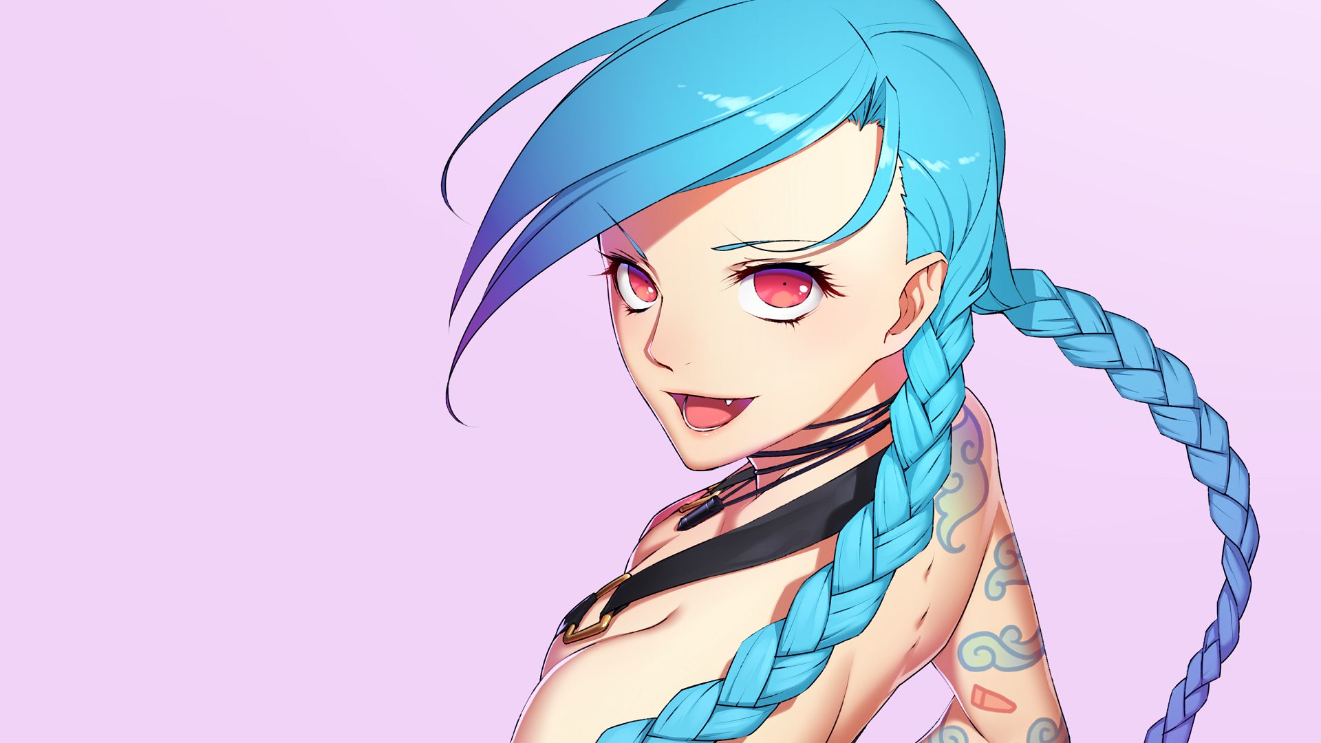 Download mobile wallpaper League Of Legends, Smile, Tattoo, Necklace, Braid, Blue Hair, Red Eyes, Video Game, Long Hair, Jinx (League Of Legends) for free.