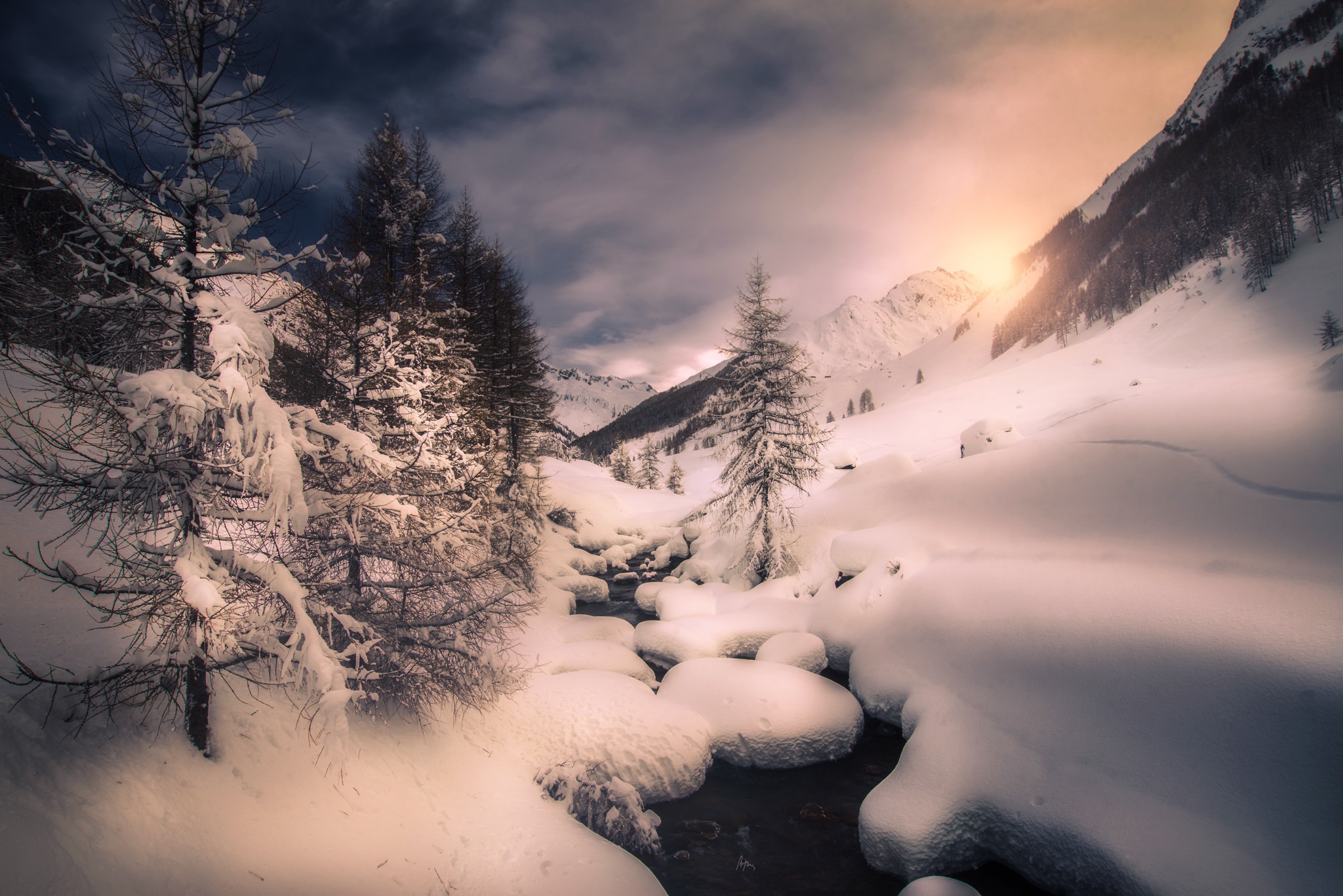 Free download wallpaper Landscape, Winter, Nature, Snow, Tree, Earth, Stream on your PC desktop