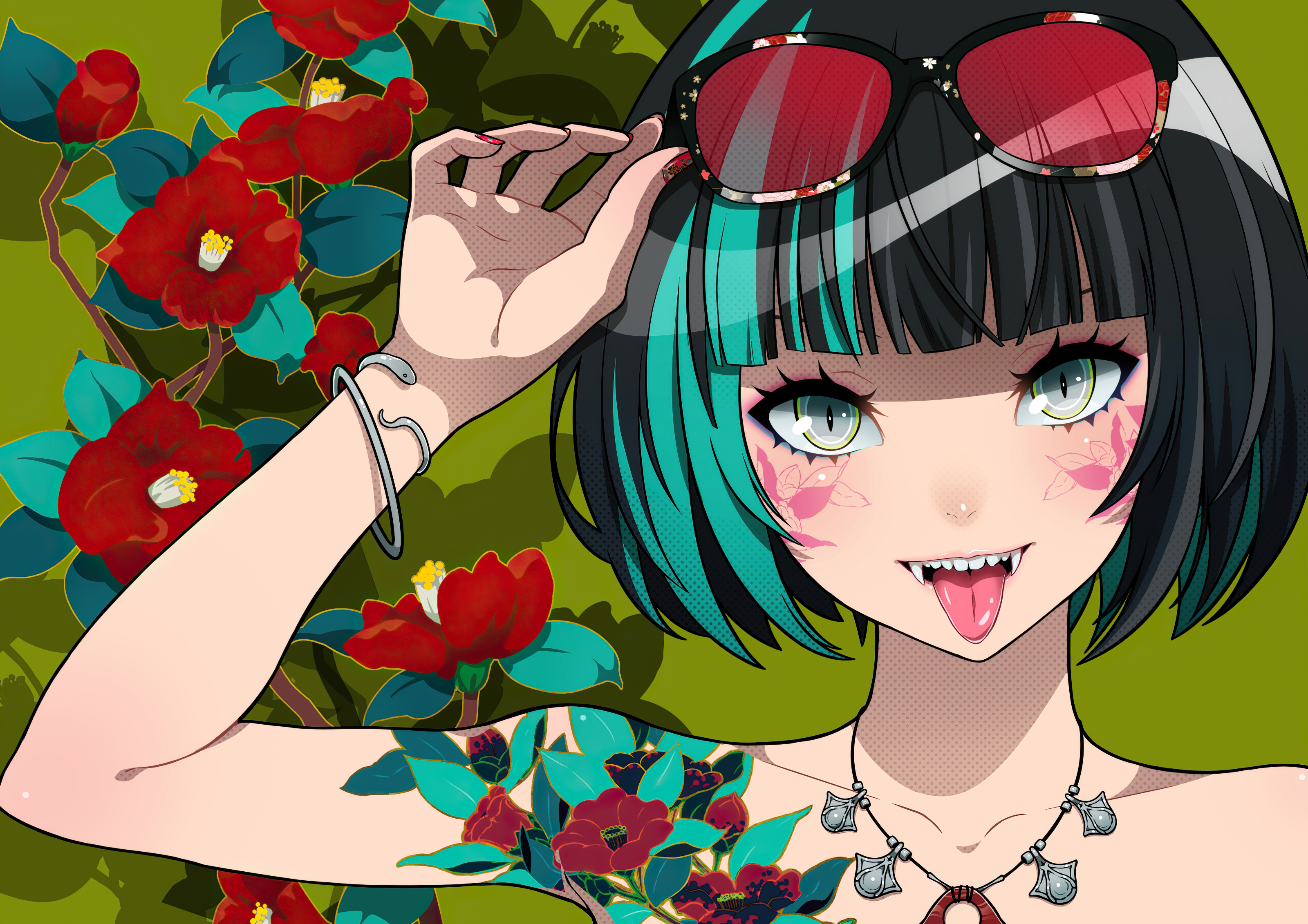 Free download wallpaper Anime, Flower, Smile, Fangs, Tattoo, Green Hair, Sunglasses, Green Eyes, Original, Black Hair, Short Hair on your PC desktop