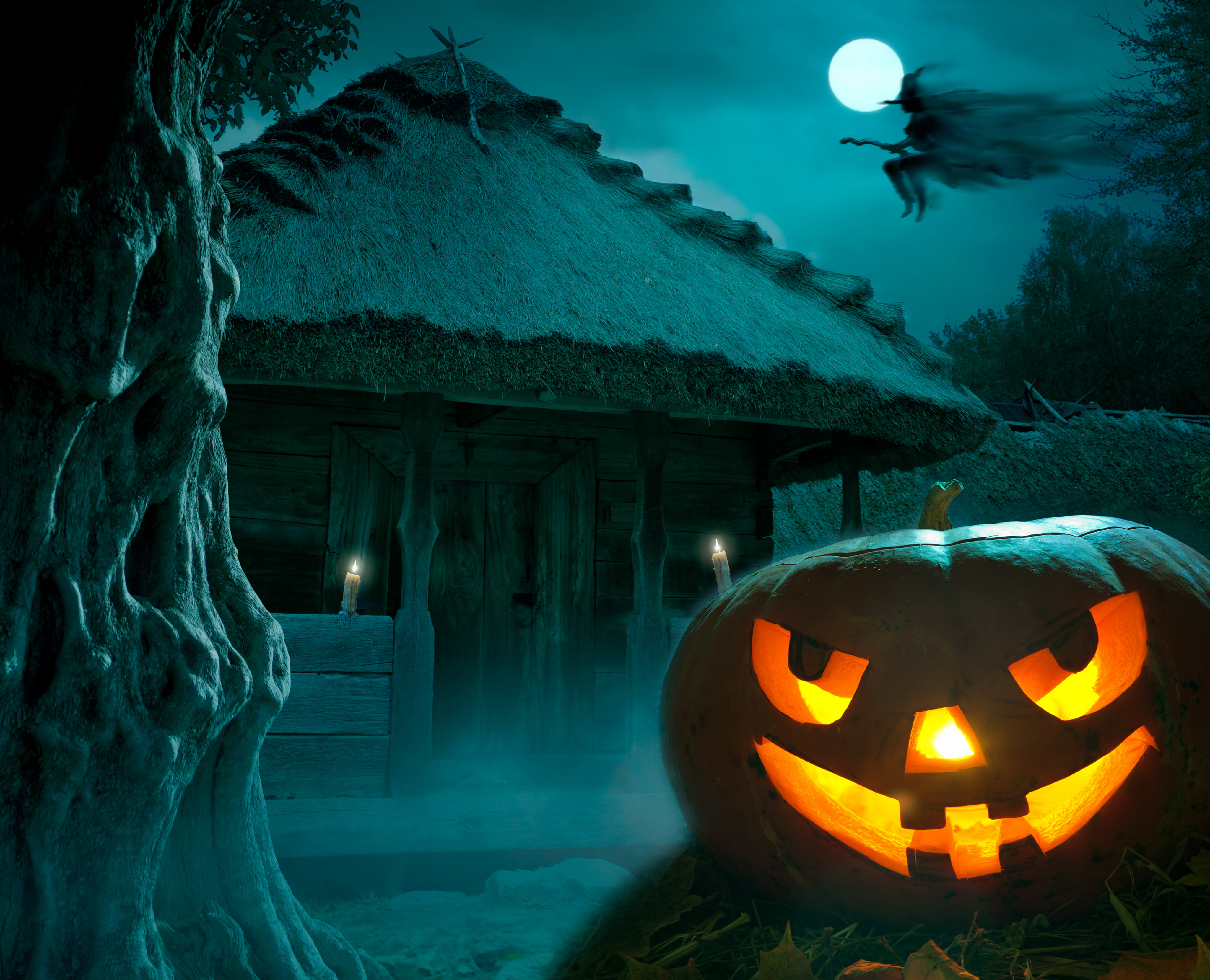 Free download wallpaper Halloween, Night, Holiday, Full Moon, Witch, Jack O' Lantern, Haunted House on your PC desktop