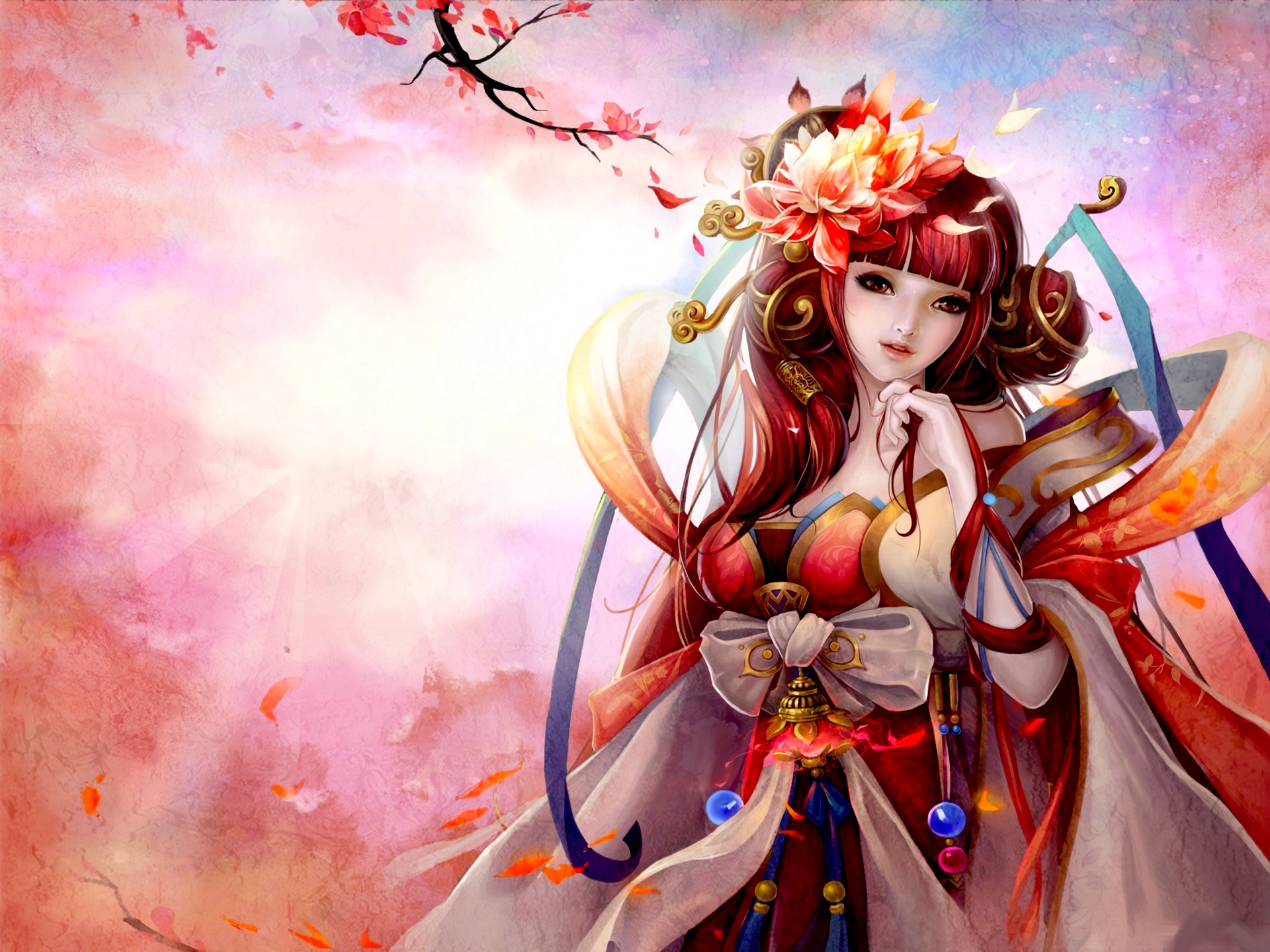 Free download wallpaper Fantasy, Flower, Oriental, Women, Red Eyes, Red Hair on your PC desktop