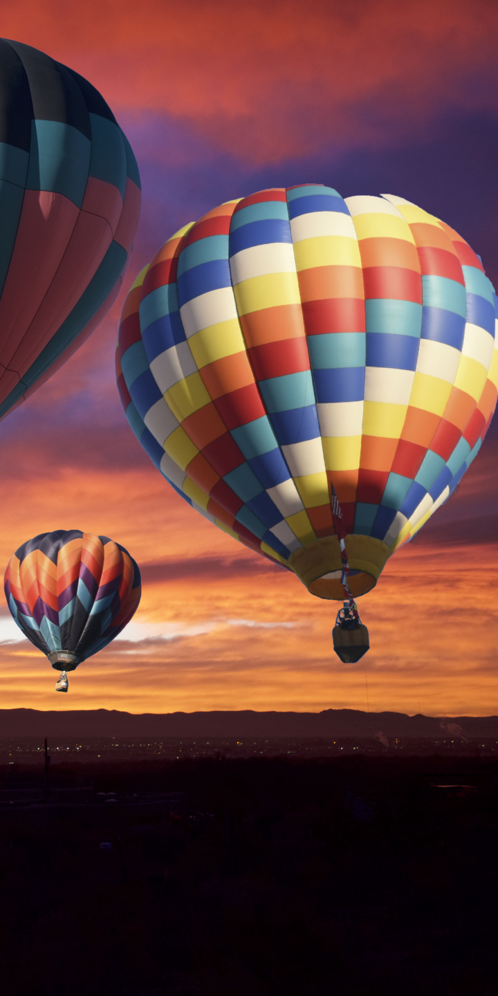 Handy-Wallpaper Bunt, Wolke, Sonnenuntergang, Fahrzeug, Fahrzeuge, Heißluftballon kostenlos herunterladen.