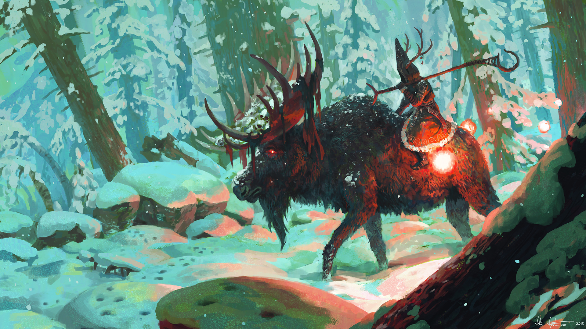 Free download wallpaper Winter, Fantasy, Forest, Warrior, Deer on your PC desktop