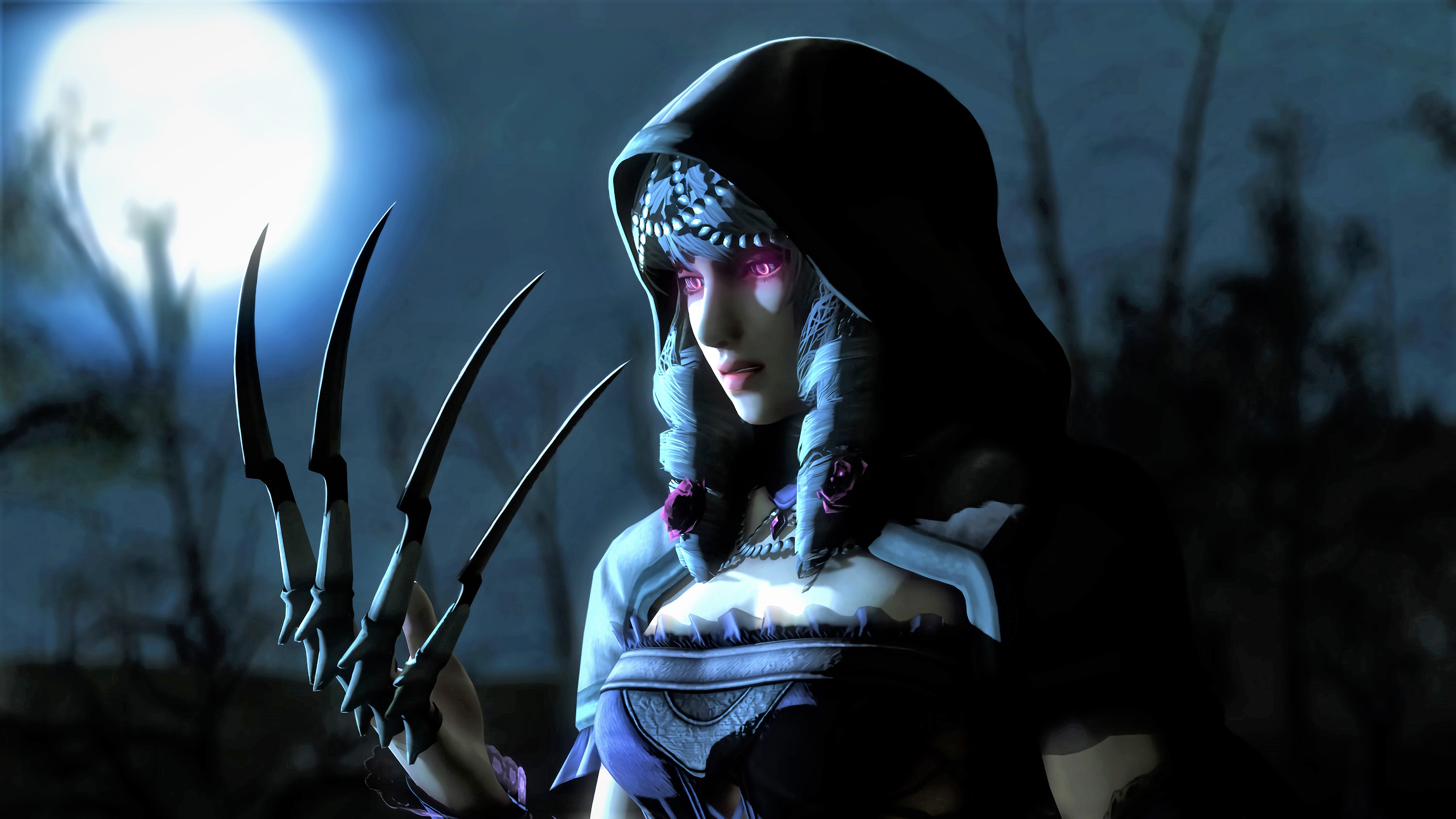 video game, soulcalibur, blade, claws, fantasy, moon, night
