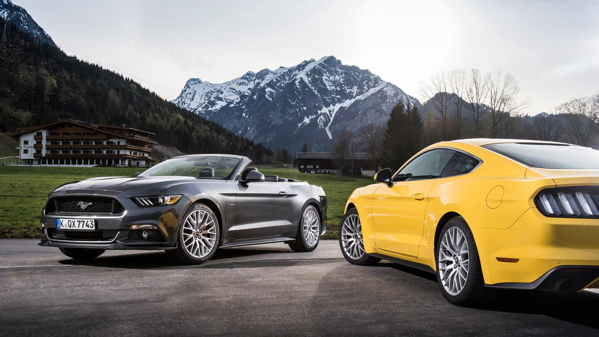 mountains, cars, yellow, cabriolet, ford mustang, silver, silvery