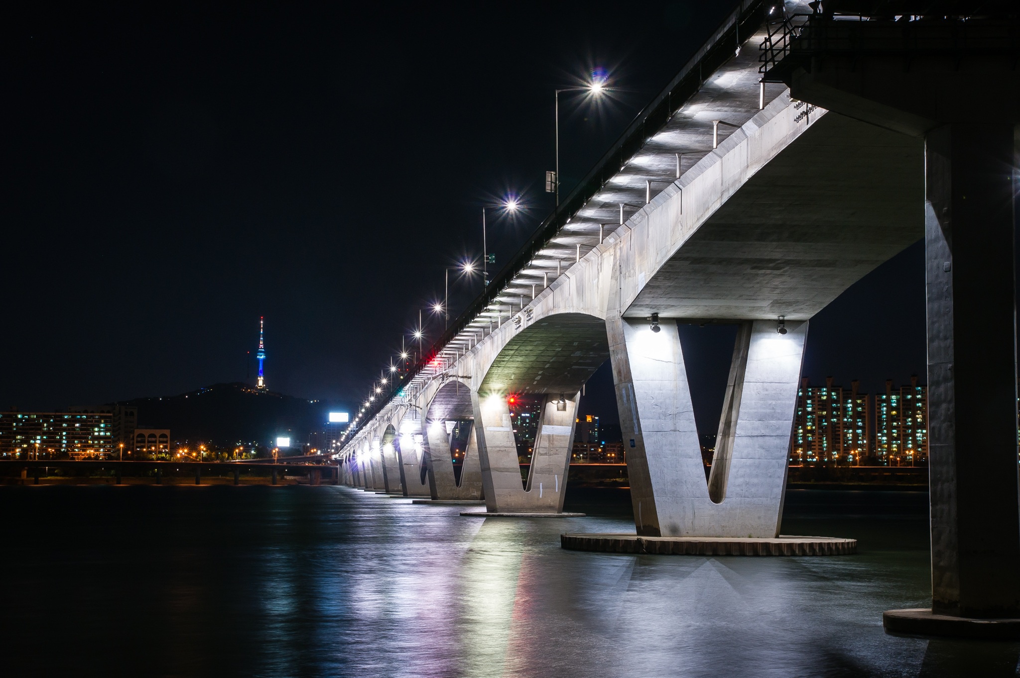 無料モバイル壁紙川, 橋, ブリッジ, ソウル, 韓国, 夜, マンメイド, 元曉橋をダウンロードします。