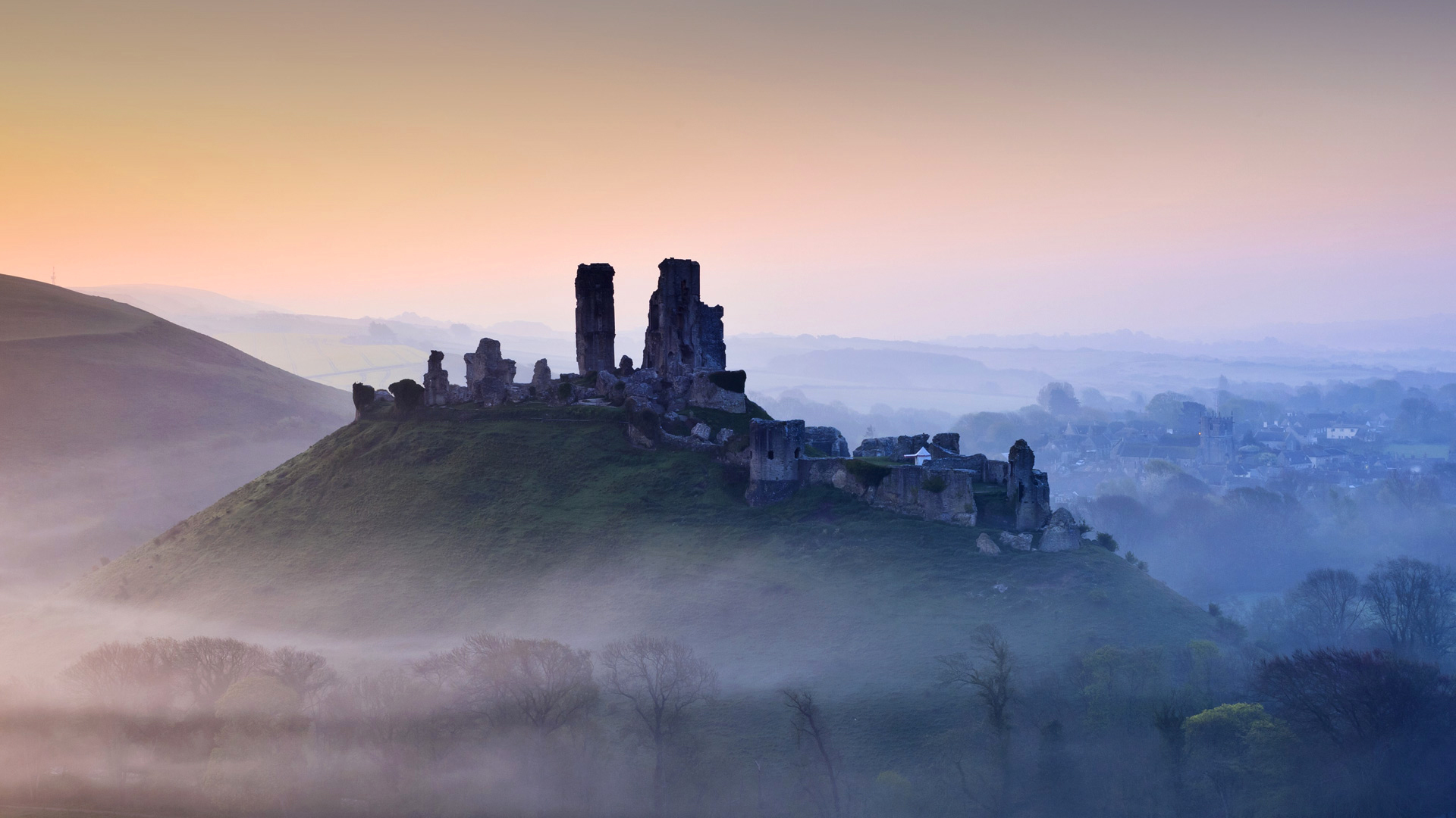 Download mobile wallpaper Landscape, Fog, Hill, Ruin, Man Made for free.