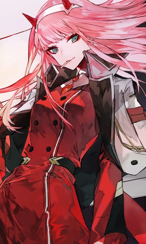 Download mobile wallpaper Anime, Horns, Lollipop, Coat, Green Eyes, Pink Hair, Red Eyes, Long Hair, Darling In The Franxx, Zero Two (Darling In The Franxx) for free.