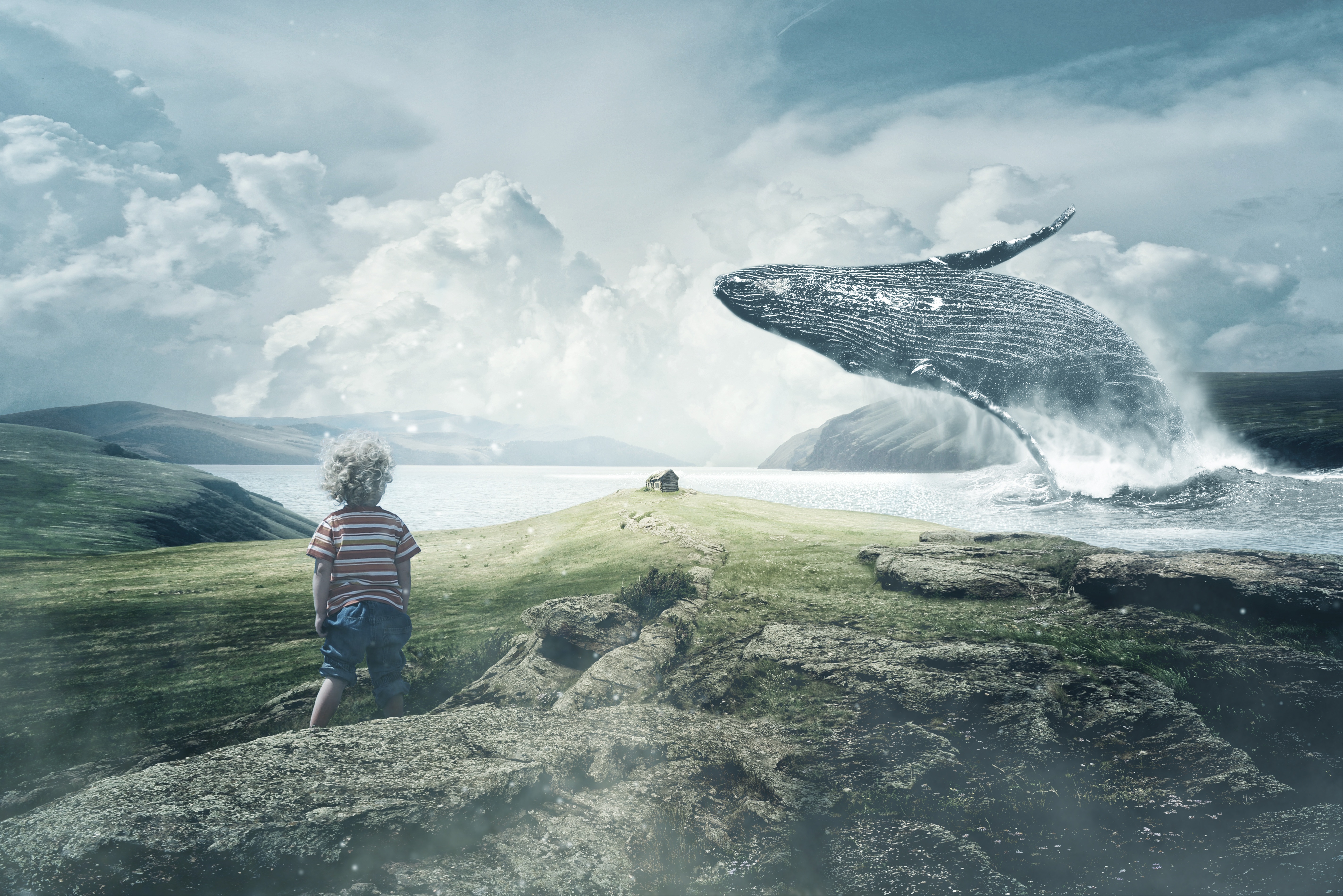 Download mobile wallpaper Landscape, Child, Whale, Photography, Manipulation for free.